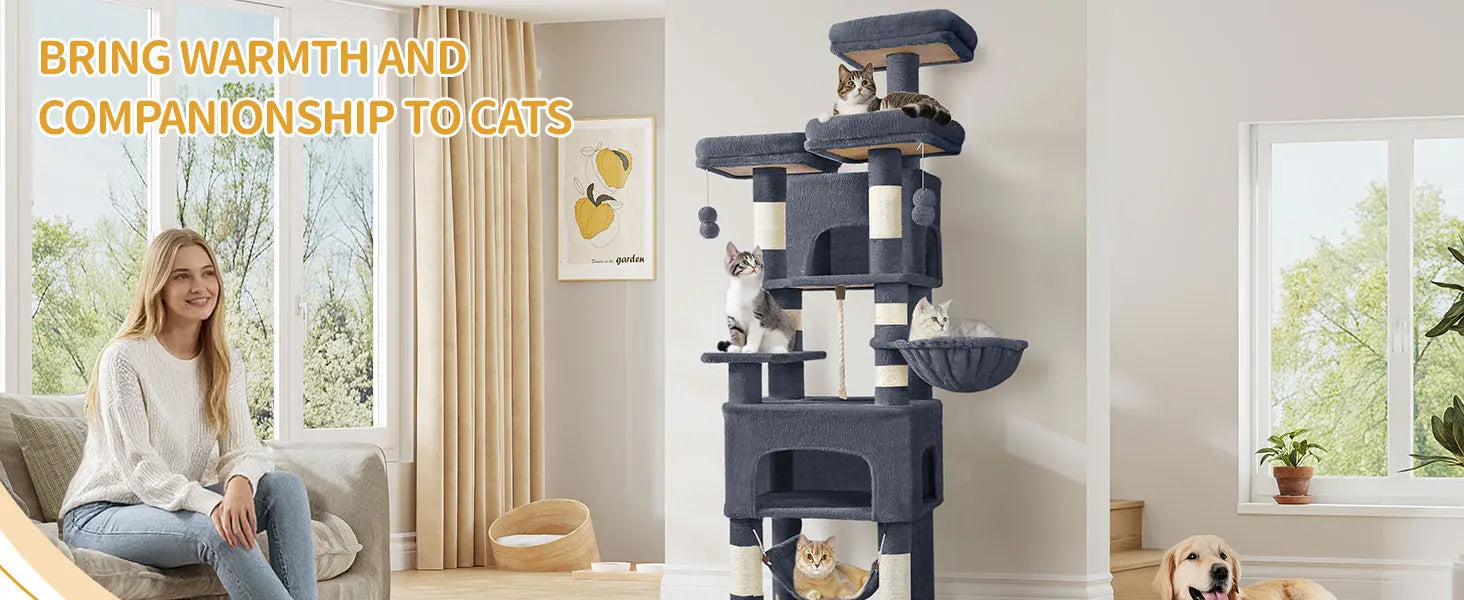 XL Kattenboom 176 cm – Krabpaal met 3 Plateaus, 2 Huisjes & Hangmat – Stevige Kattenkrabpaal voor Meerdere Katten