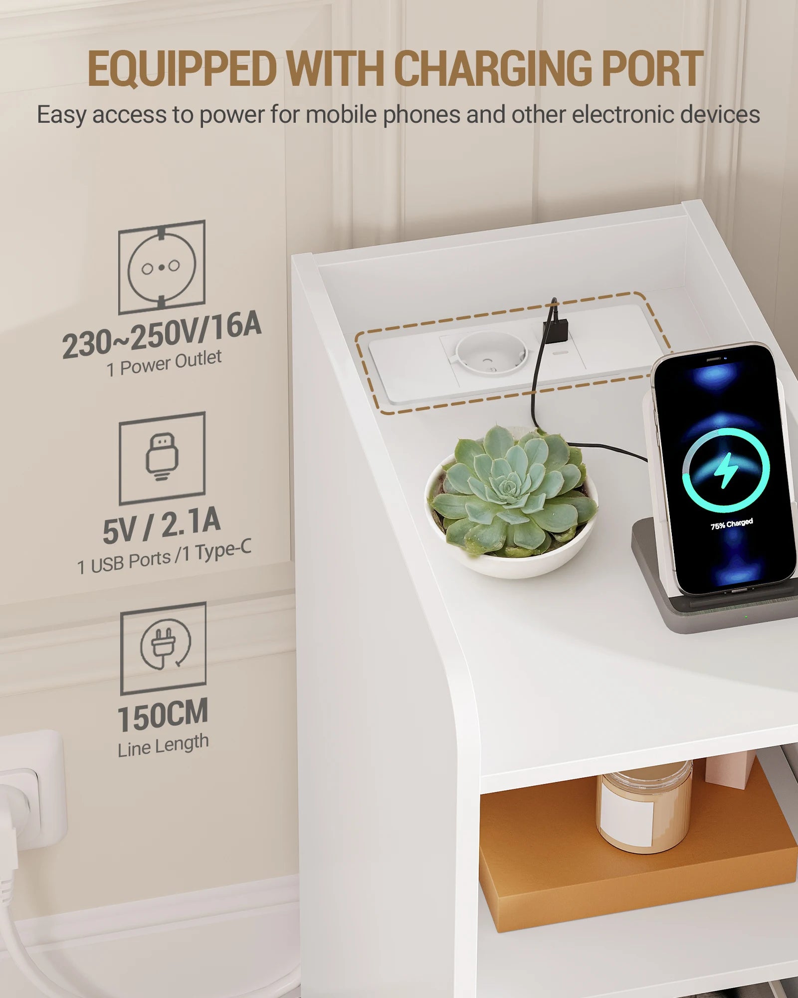 Nachtkastje Set van 2 met Oplaadstation – USB & USB-C – Modern Smal Bijzettafeltje met Lade en Opbergruimte – Zwart