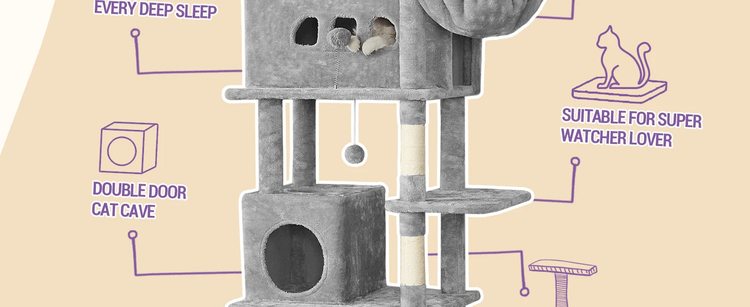210 cm Grote Krabpaal Kattenboom – Luxe Multi-Level Kattenhuis met Krabpalen, Hangmat & Speelgoed voor Grote en Meerdere Katten