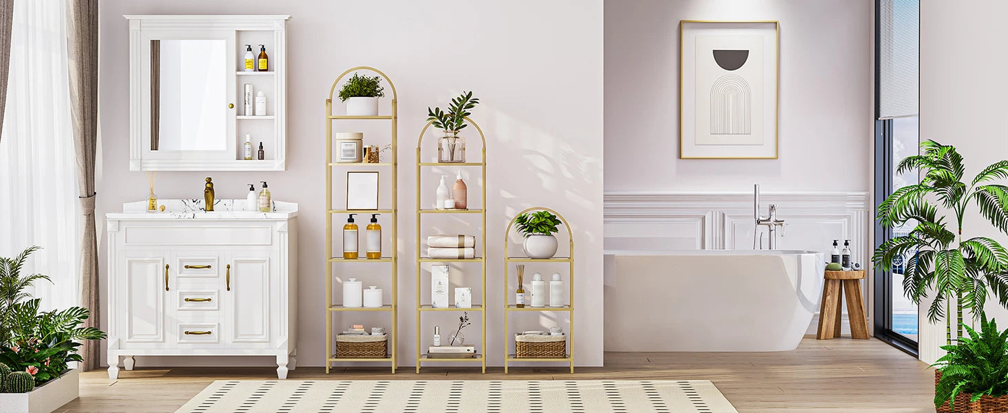 Smalle Boekenkast met Glazen Planken en Goud Stalen Frame – Moderne Open Kast 5 Niveaus voor Woonkamer, Slaapkamer en Badkamer