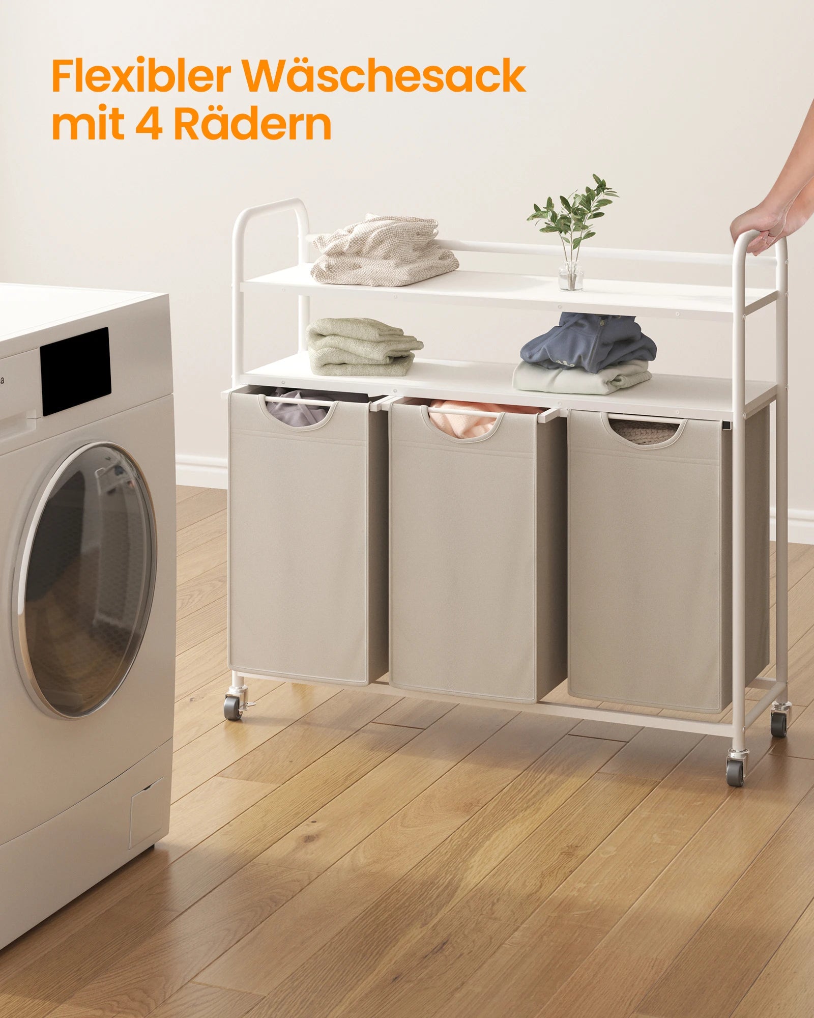 Wasmand met 3 Vakken & Wieltjes – Grote Wasverzamelaar met 2 Planken, Uitschuifbare Liners en Organizer – Voor Badkamer, Slaapkamer & Waskamer
