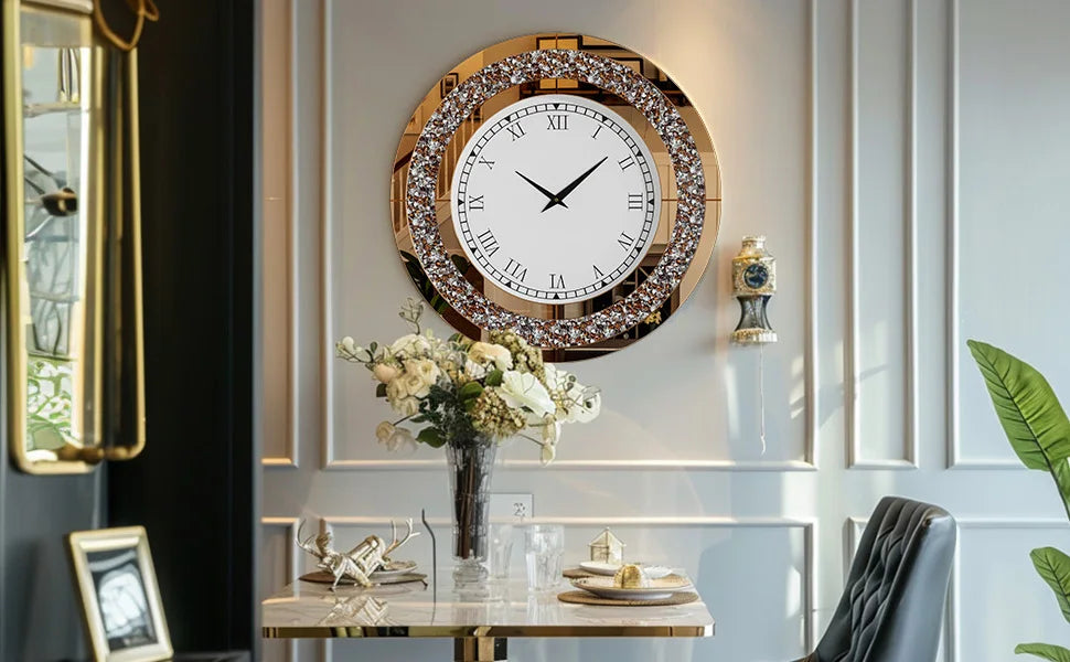 Ronde Zilveren Spiegelklok 60 cm – Luxe Wandklok met Romeinse Cijfers & Crushed Diamant Design