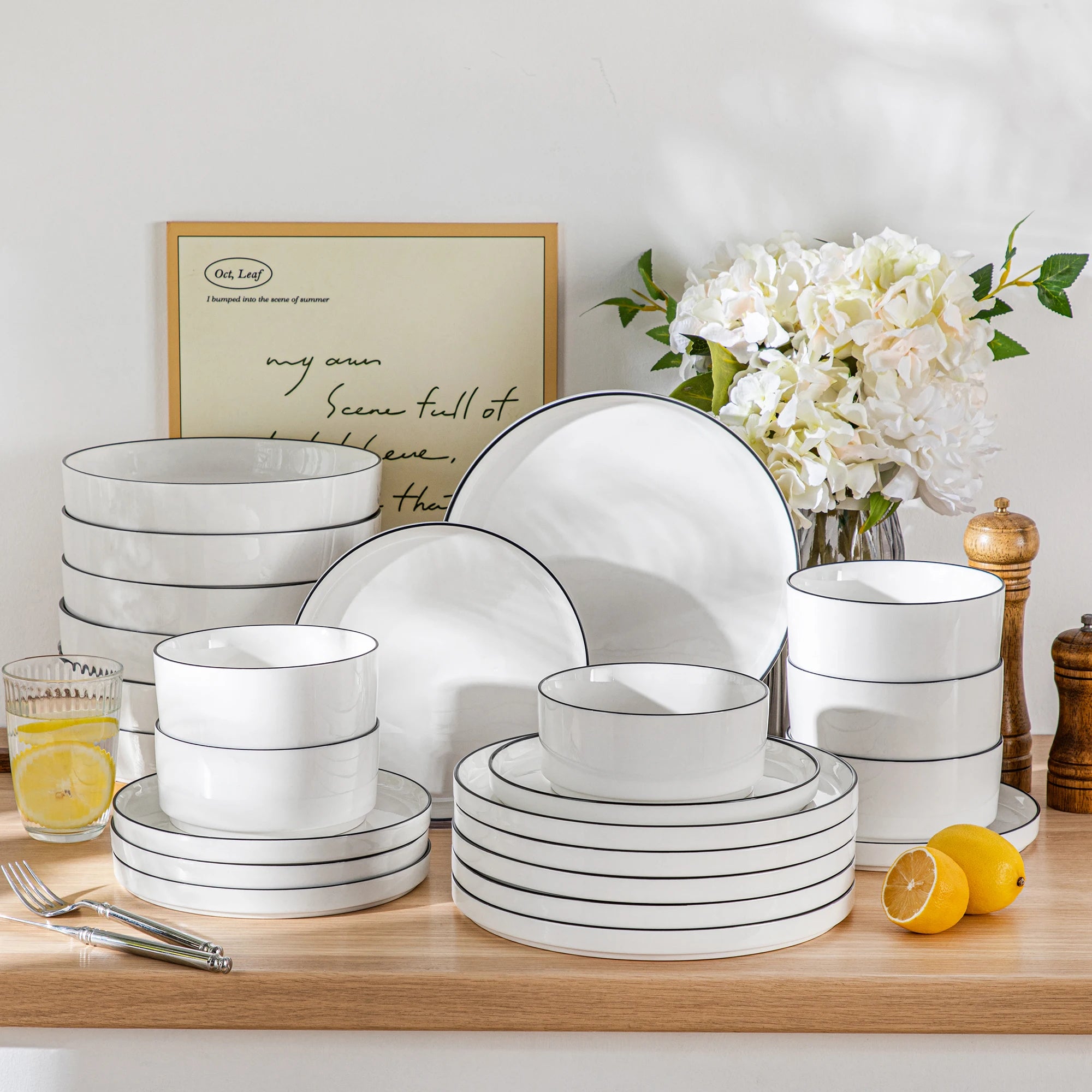 Serviesset wit met zwarte rand – 12/16/18/24 Delig Keramisch Servies - Serviesset met Borden & Kommen