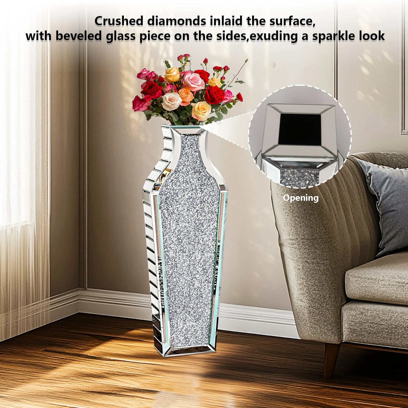 Luxe Zilveren Vloervaas met Diamant Design – Grote Glazen Kristal Bloemenvaas – Modern & Hotel Chique Interieur