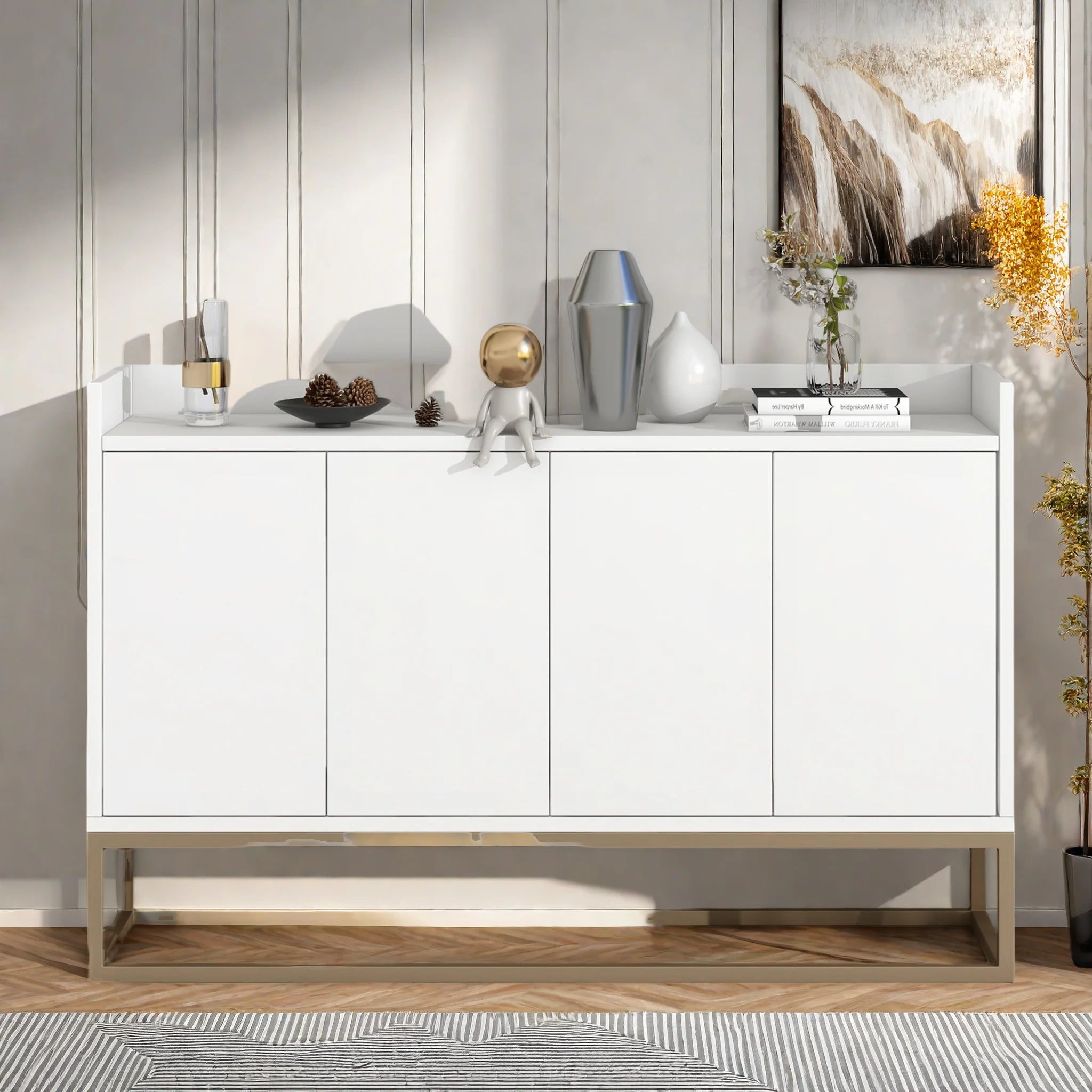 Minimalistische Dressoirkast 4 Deuren met Slot – Opbergkast Metaal & MDF – Moderne Buffetkast voor Woonkamer en Eetkamer
