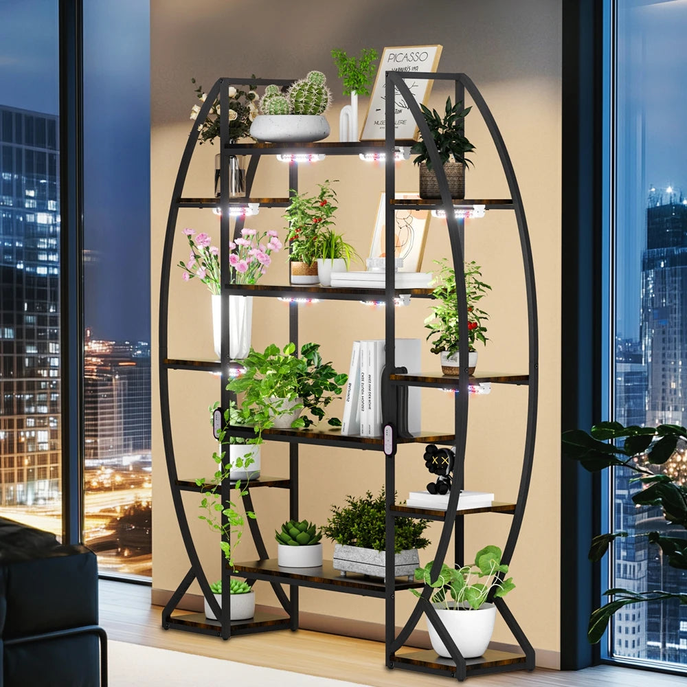 Halvemaan Plantenrek met Groeilampen – 5 Laags Industriële Bloemenstandaard met LED Plant Lights voor Binnen