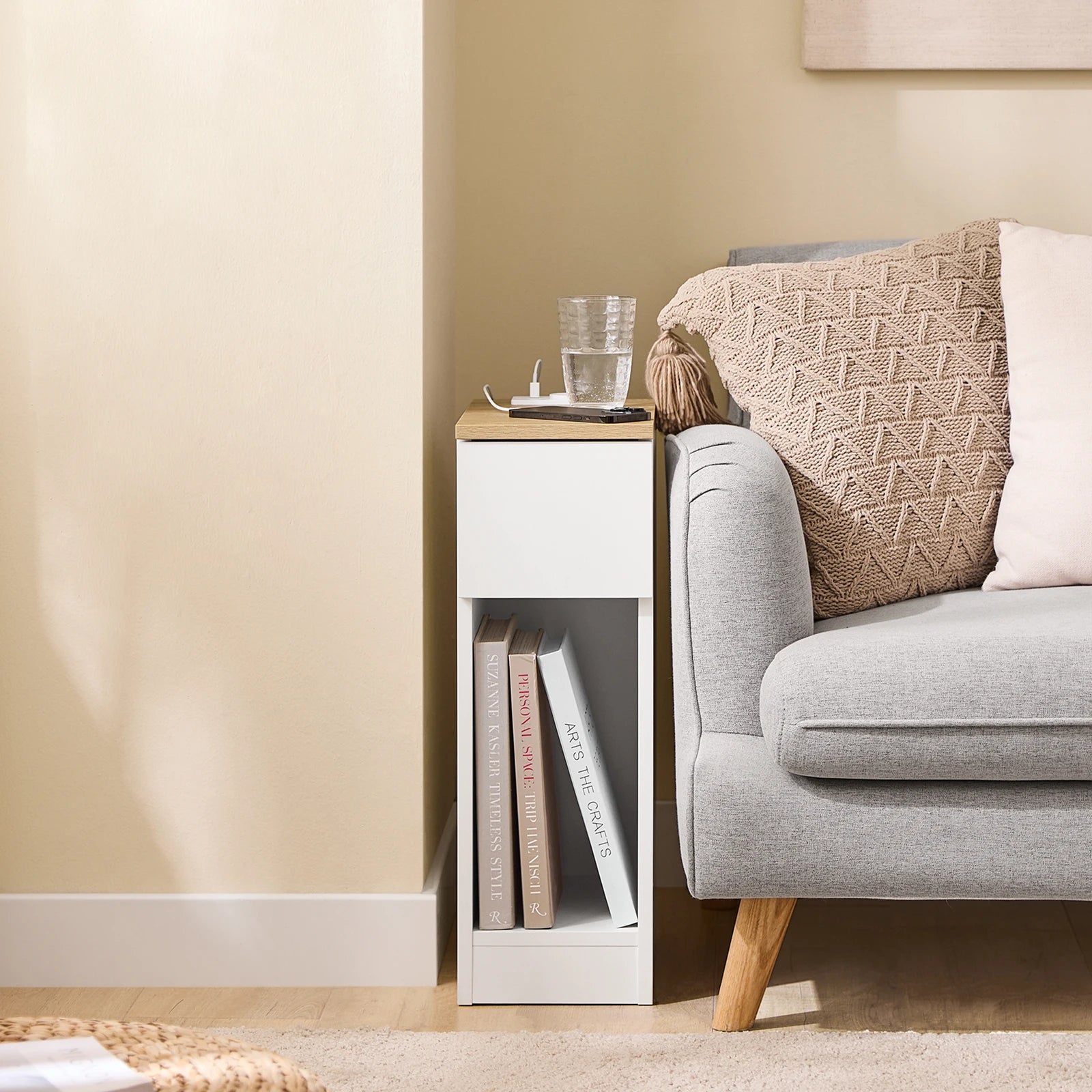 Modern smal nachtkastje met lade en opbergruimte – strak wit design