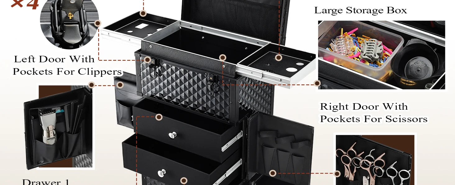 Professionele Make-up Koffer Trolley met Slot en Wielen – Cosmetica Organizer 56-75L – Rollende Beauty Case voor Kapper en Visagist