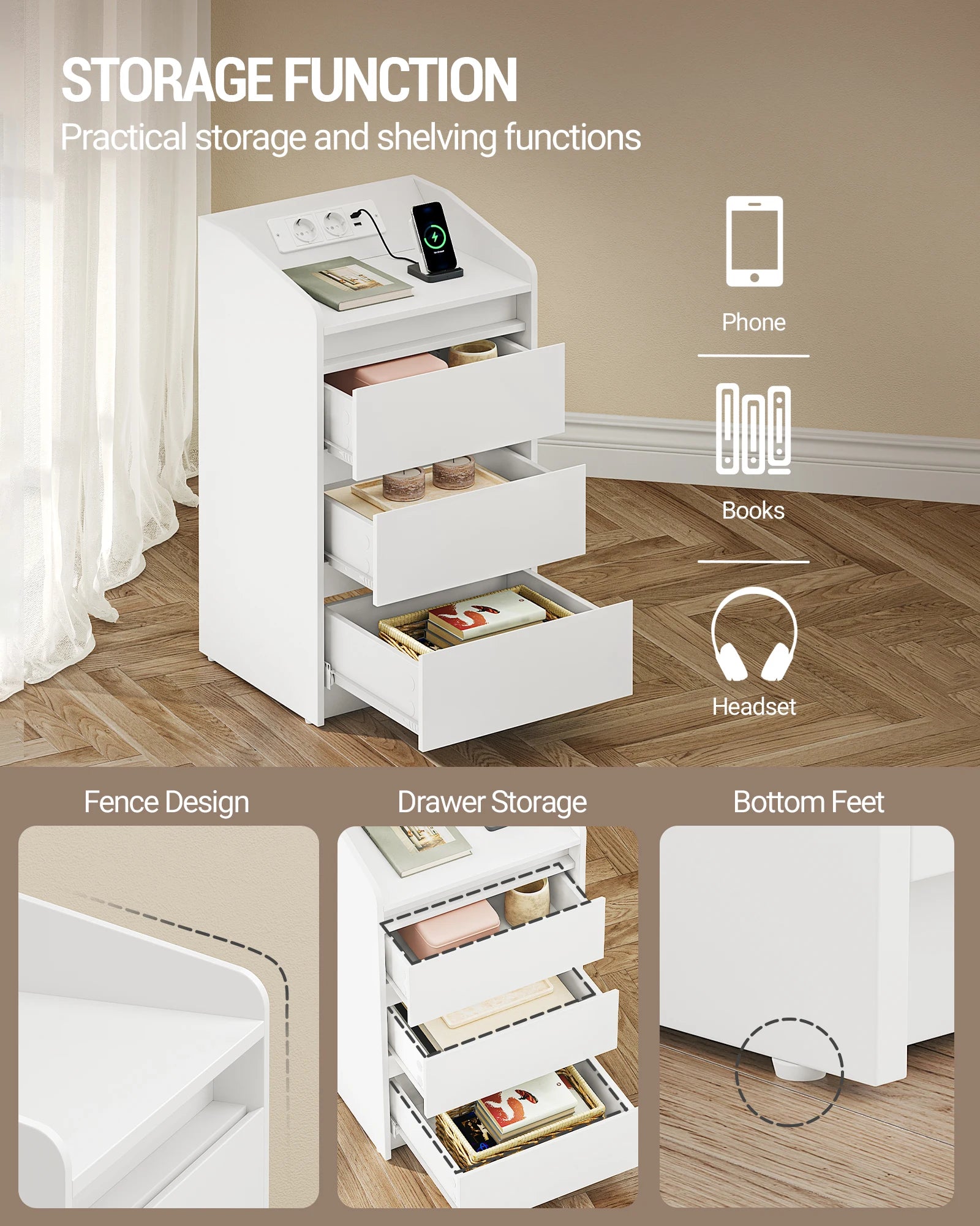 Nachtkastje Set van 2 met 3 Lades – LED Verlichting & Oplaadstation (2 AC + 2 USB) – Moderne Witte Bedside Tables voor Slaapkamer