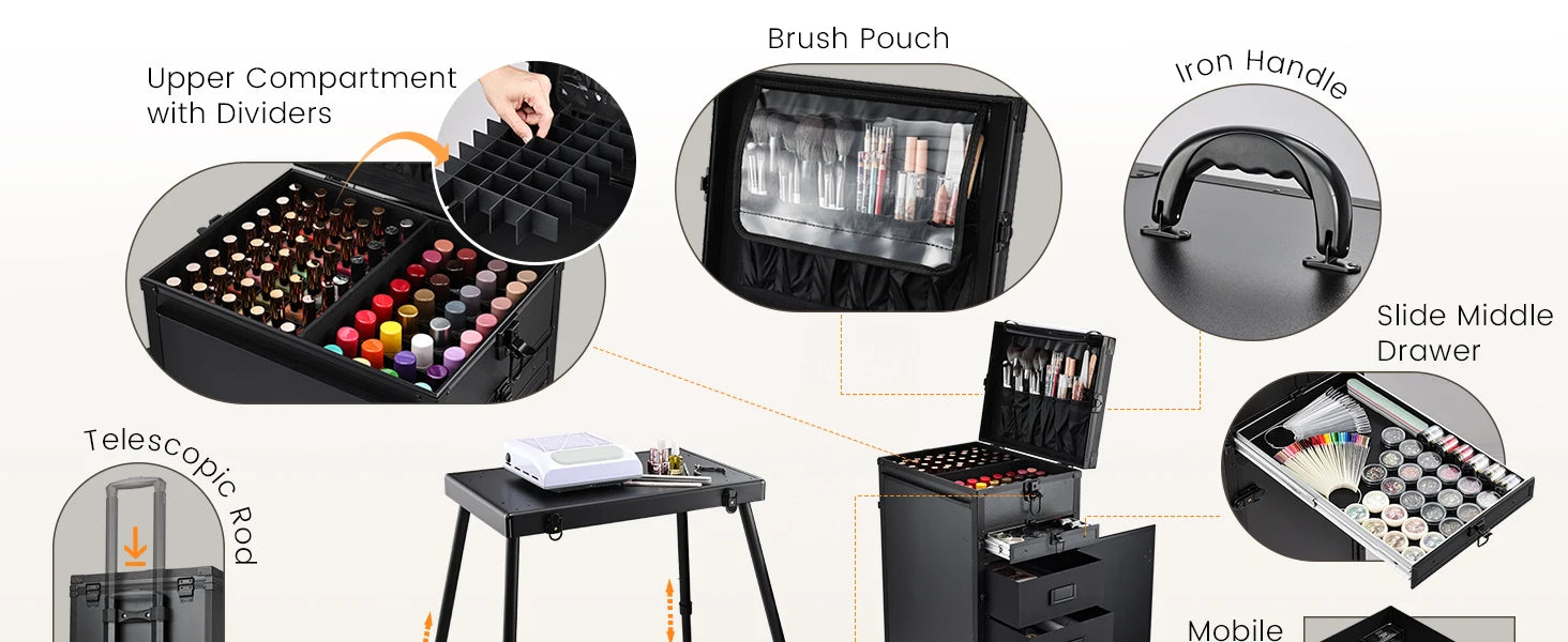 Mobiele Manicure Tafel met 5 Lades – Rijdende Nageltafel op Wielen – Opvouwbaar en Ruim Opbergstation voor Nagelstudio en Thuisgebruik
