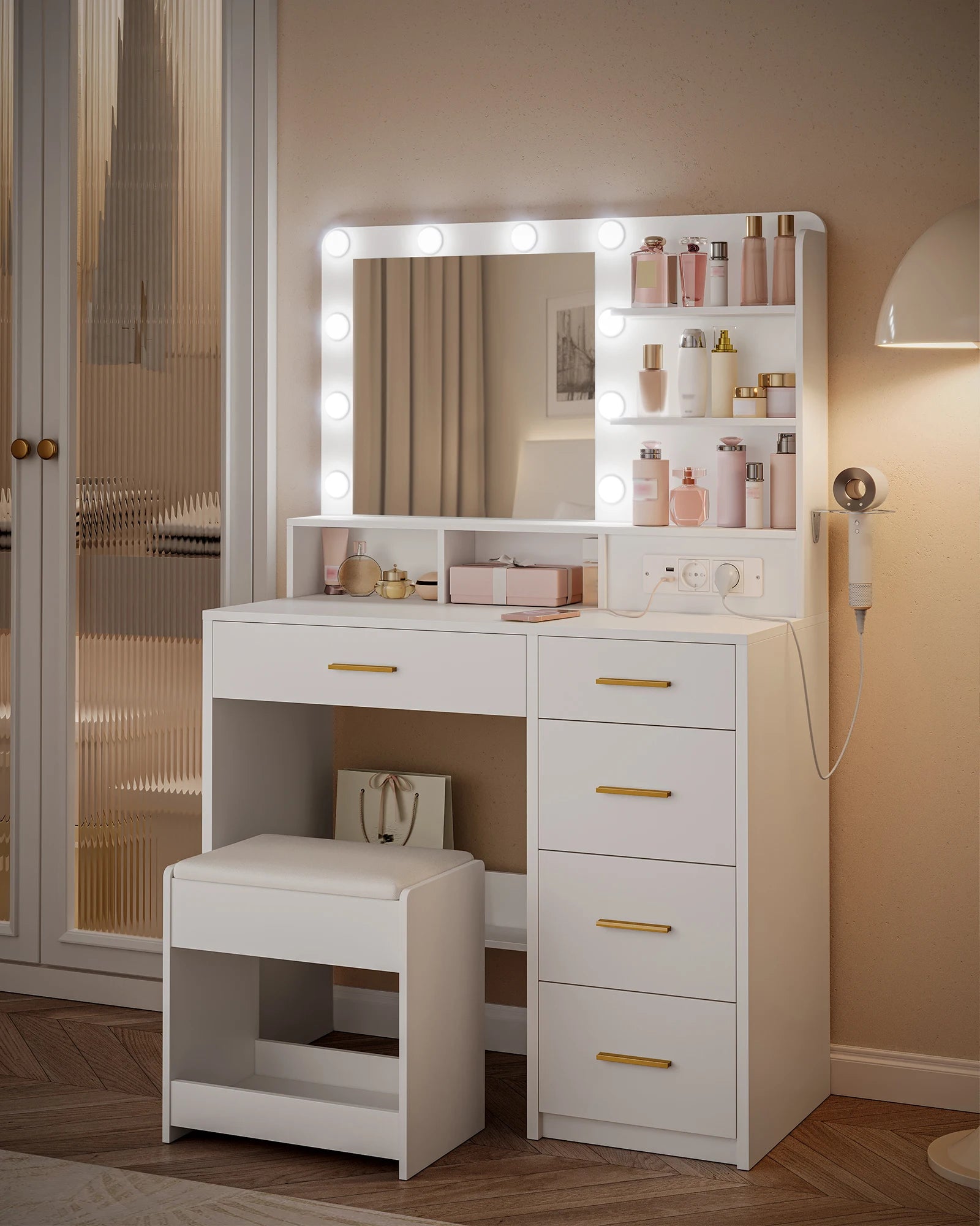 Kaptafel met LED Verlichting en Spiegel – 3 Lichtkleuren, 5 Laden, Stopcontact & USB – Inclusief Kruk – Wit Modern Design