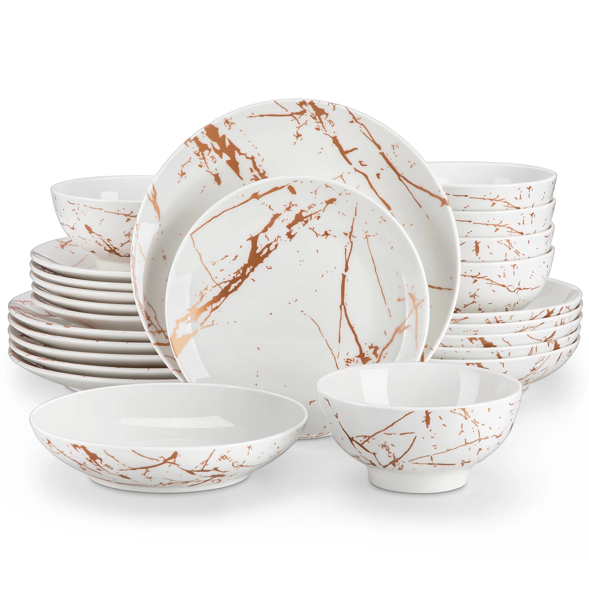 24-delige Goud Serviesset Porselein – Luxe Servies Set voor 6 Personen met Gouden Design Borden en Kommen