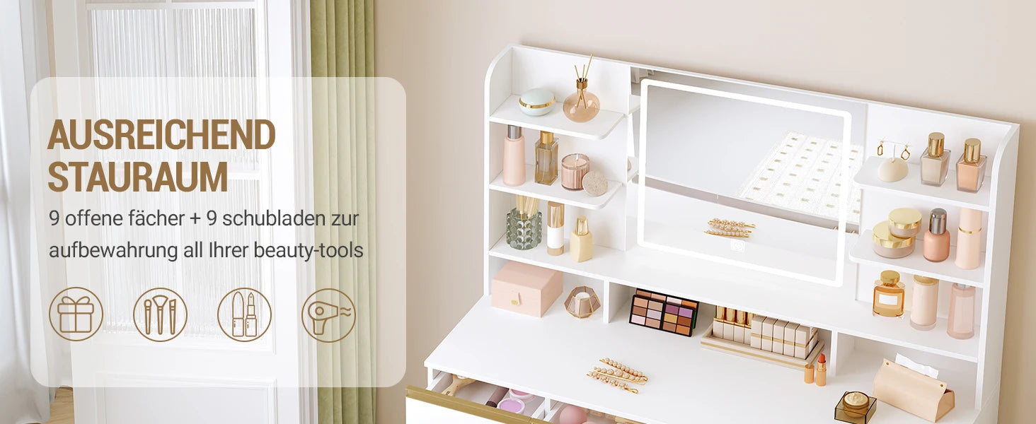 Kaptafel met LED Verlichting en Spiegel – 9 Laden & 9 Opbergvakken – Moderne Make-up Tafel met Verstelbare Verlichting – Wit Goud
