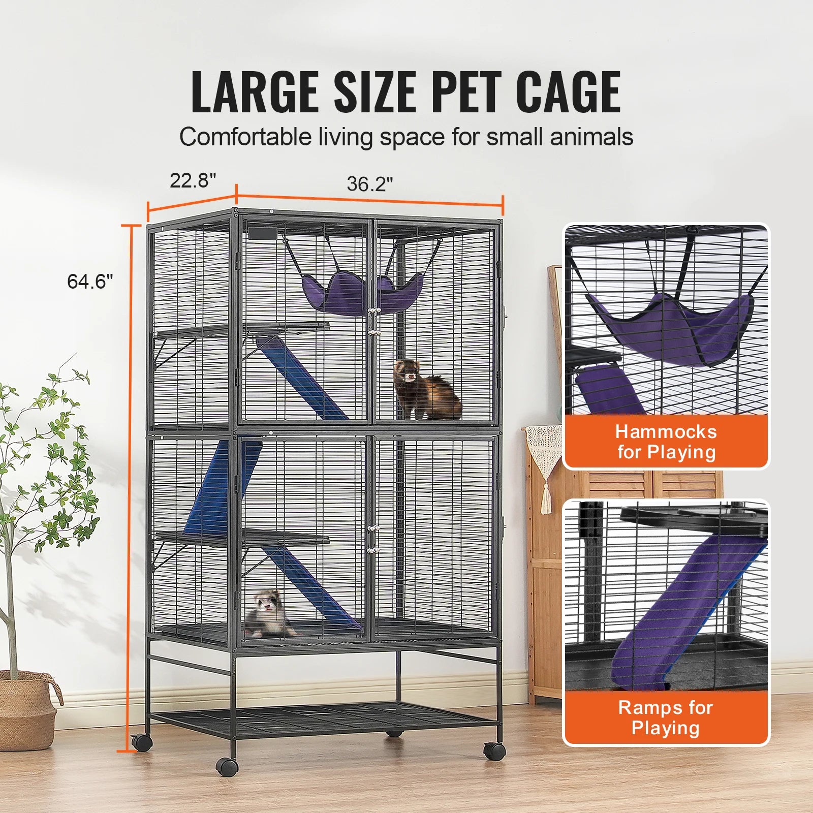 Grote Frettenkooi 164 cm met 4 Lagen – Metalen Dierenkooi met Platforms, Hangmat & Wielen – Voor Fretten, Chinchilla’s & Cavia’s