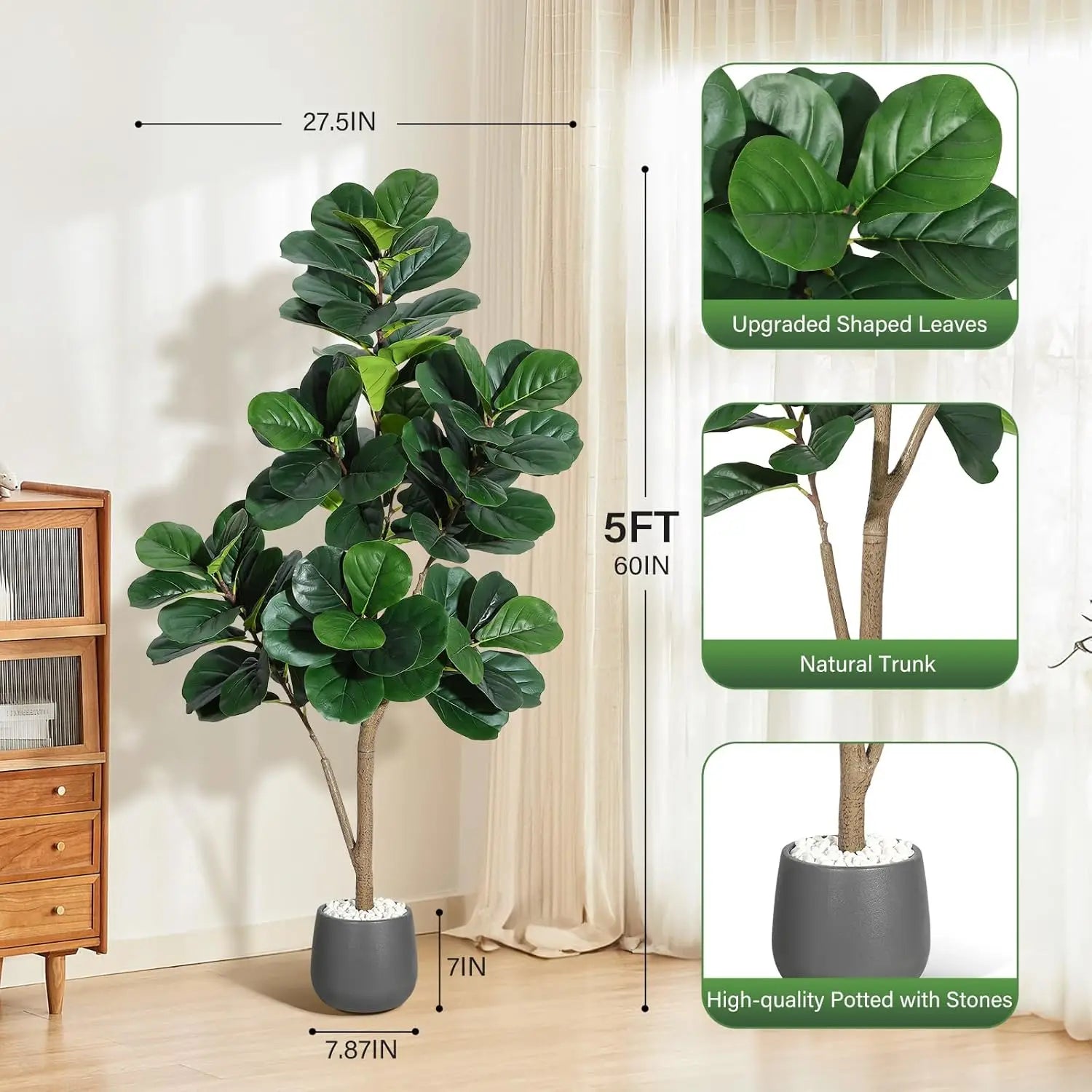 Kunstmatige Ficus Lyrata (Vioolbladplant) 120–210 cm met Witte Pot – Realistische Nep Plant voor Woonkamer & Kantoor