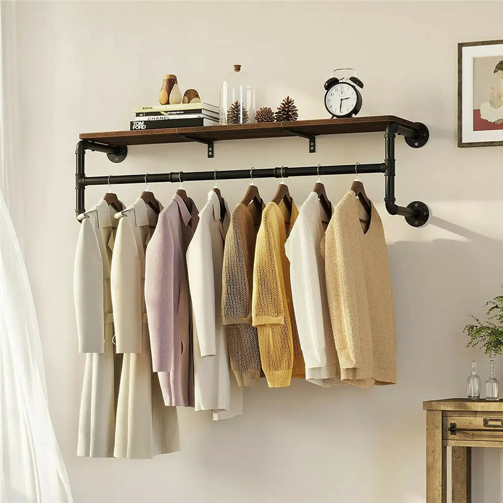 Industrieel Kledingrek Wand met Houten Plank – Metalen Pipe Wandrek met Opbergplank en Haken