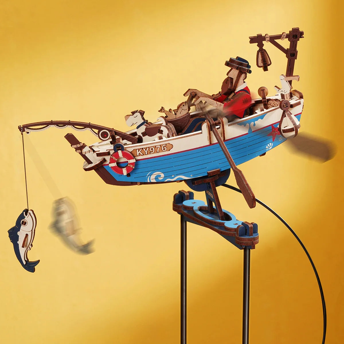 3D Houten Puzzel Vissersboot – DIY Bouwpakket met Bewegende Onderdelen – Mechanische Modelboot Decoratie en Creatief Cadeau 14+