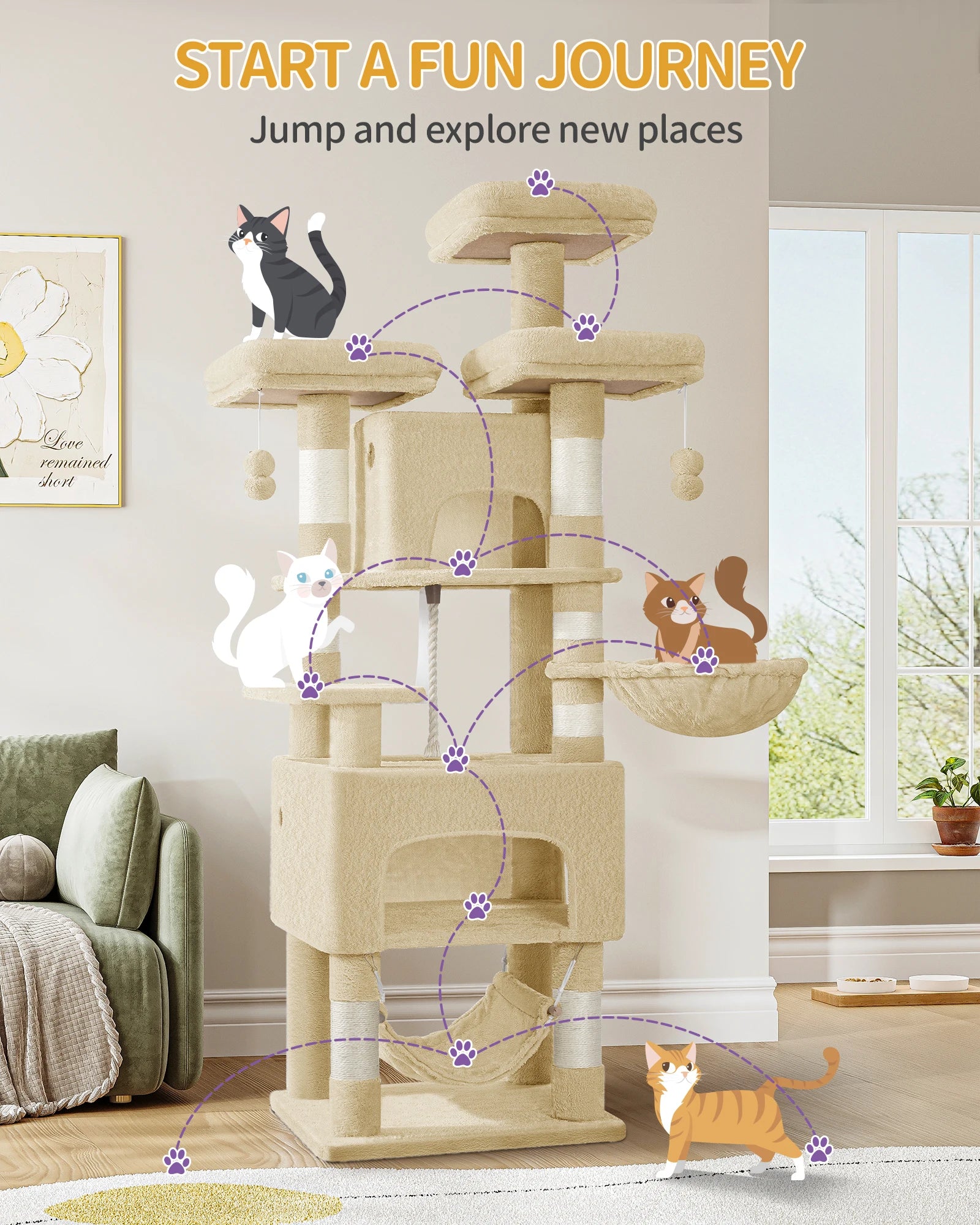 XL Kattenboom 176 cm – Krabpaal met 3 Plateaus, 2 Huisjes & Hangmat – Stevige Kattenkrabpaal voor Meerdere Katten