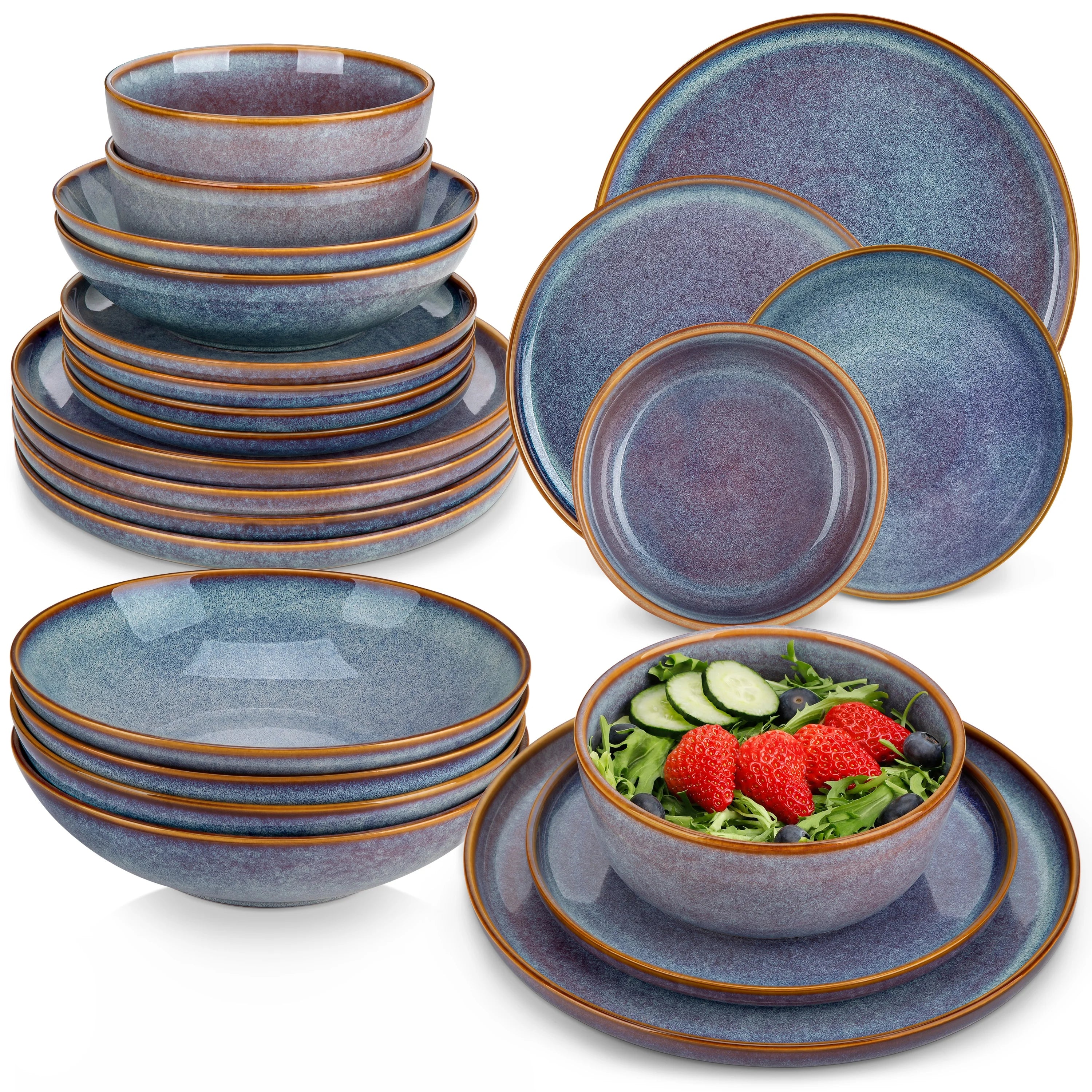 Serviesset 12-24 Delig Grijs-Blauw – Keramiek Aardewerk Servies met Reactief Glazuur voor 4-12 Personen