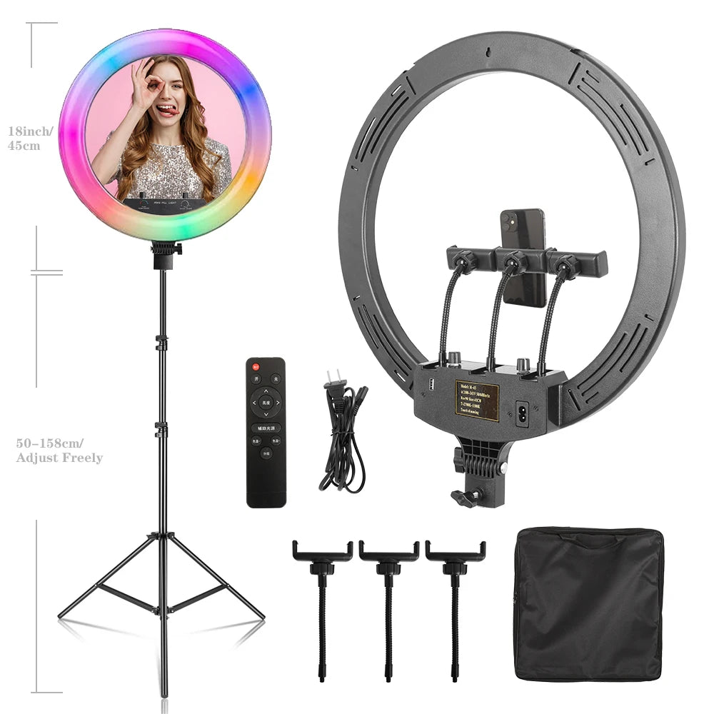 Dimbare 18 Inch RGB Selfie Ringlamp met Tripod en Telefoonhouder – Make-up, YouTube en Fotografie Studio Verlichting