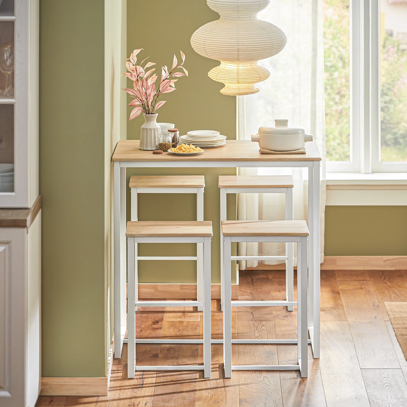 Eettafel met 4 barkrukken set – ruimtebesparende hoge keukentafel met stoelen voor kleine ruimtes