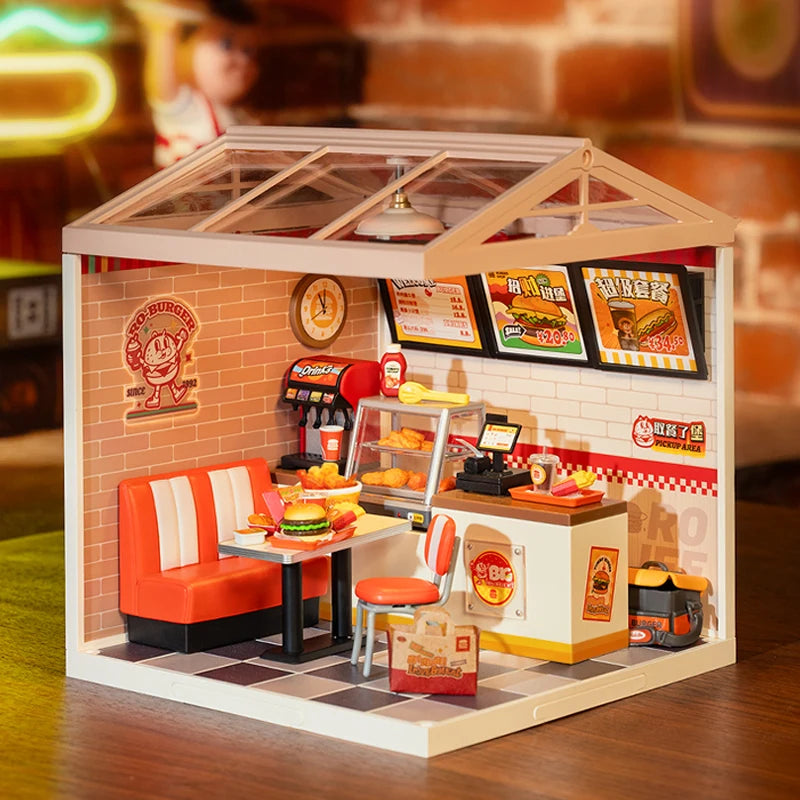 Miniatuur Poppenhuis Bouwset – Burgers Bar Thema – Creatieve DIY Bouwstenen voor Kinderen en Tieners