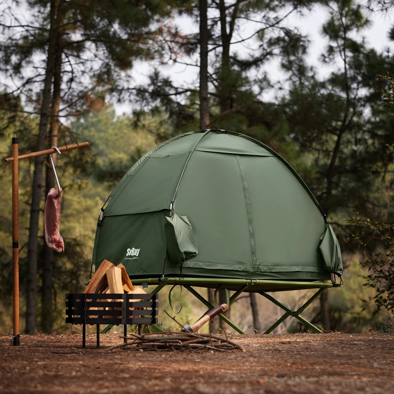 3-in-1 Eenpersoons Campingtent Groen – Lichtgewicht Outdoor Tent met Muskietennet & Opklapbaar Campingbed