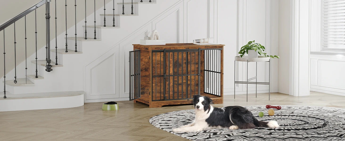 Houten Hondenbench Meubel XL met Schuifdeur – Design Hondenkooi voor Grote Honden – Industrieel Bijzettafel & Bench in Één