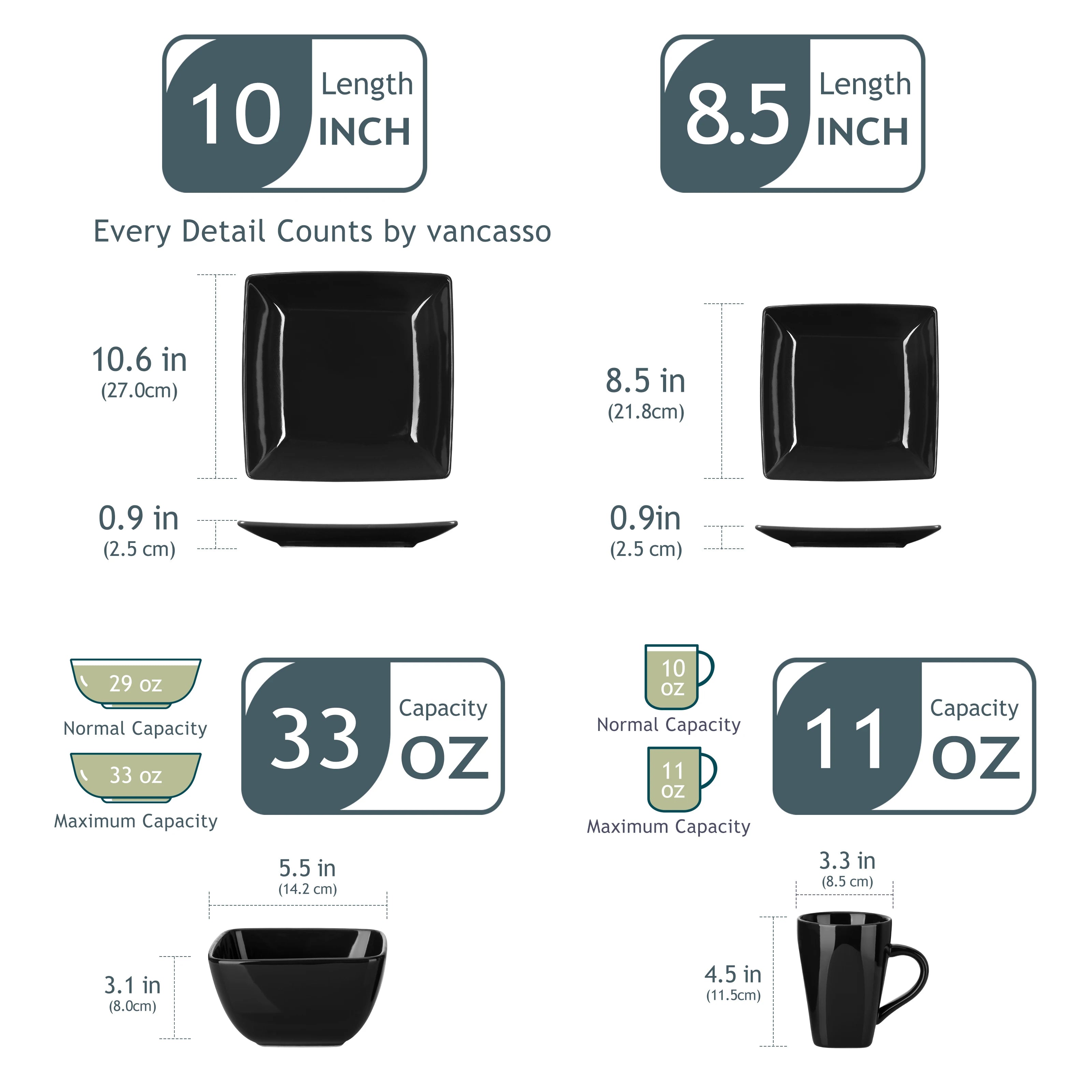Zwart Serviesset Keramiek – 16, 32 of 48 Delige Moderne Vierkante Servies Set met Borden, Kommen en Mokken – Luxe Tafelservies