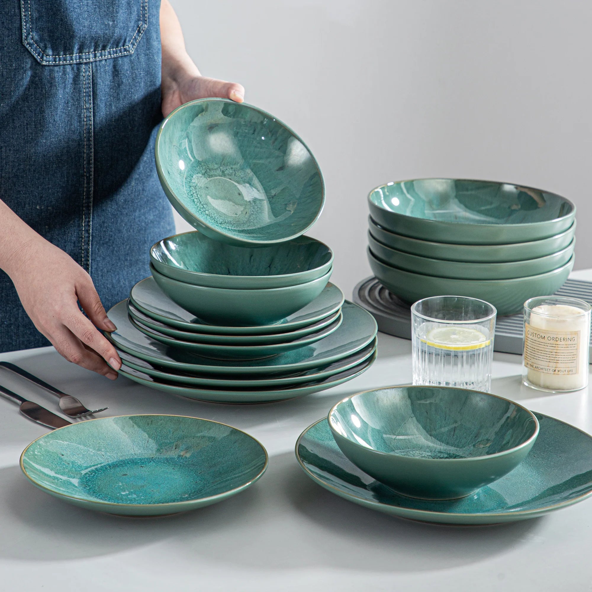 Servies Set 16-48 Delig – Modern Steengoed Servies voor 4 tot 12 Personen - Groen