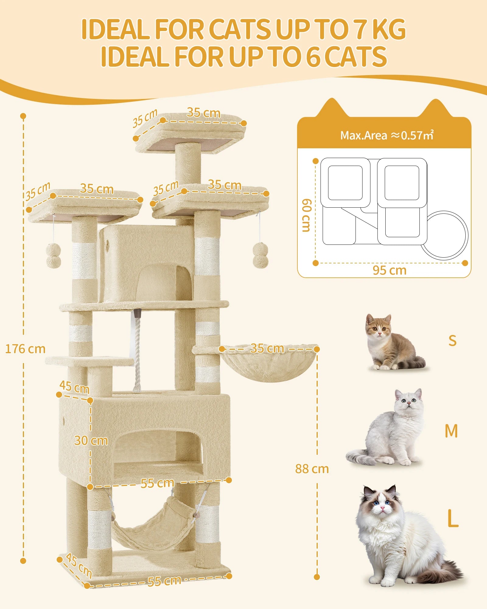 XL Kattenboom 176 cm – Krabpaal met 3 Plateaus, 2 Huisjes & Hangmat – Stevige Kattenkrabpaal voor Meerdere Katten