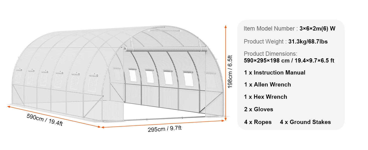 Wandelbare Tunnelkas met Stalen Frame 345×195×192 cm – Grote Inloop Tuinkas met PE Afdekking, Ritsdeur en Ventilatieramen