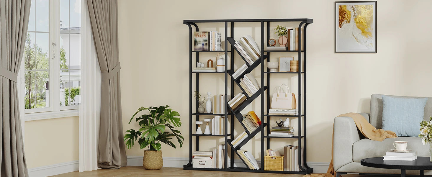Boomvormige Boekenkast 6 Niveaus – Industriële Open Kast met 17 Vakken – Moderne Houten Boekenkast voor Woonkamer en Kantoor