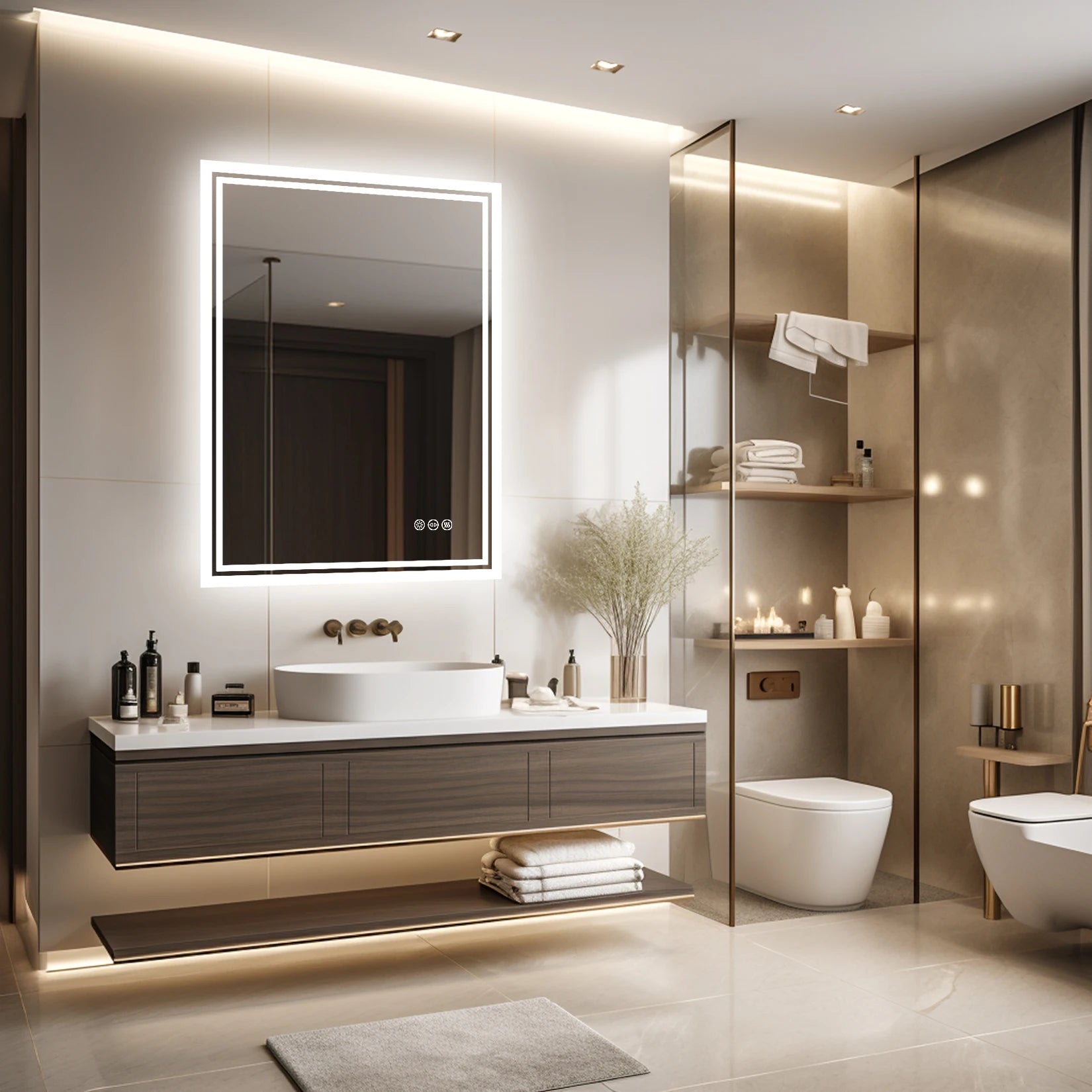 LED Badkamerspiegel met Verlichting – Dimbaar, Anti-Condens, Touch Bediening, IP65 Waterbestendig, Warm & Koel Licht