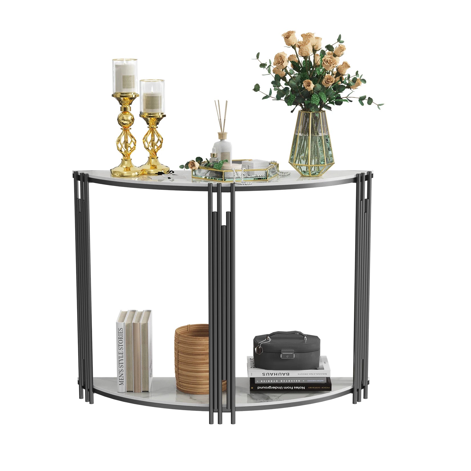 Half Moon Console Tafel van Echt Marmer Look – Moderne Haltafel met 2 Lagen voor Entree & Woonkamer