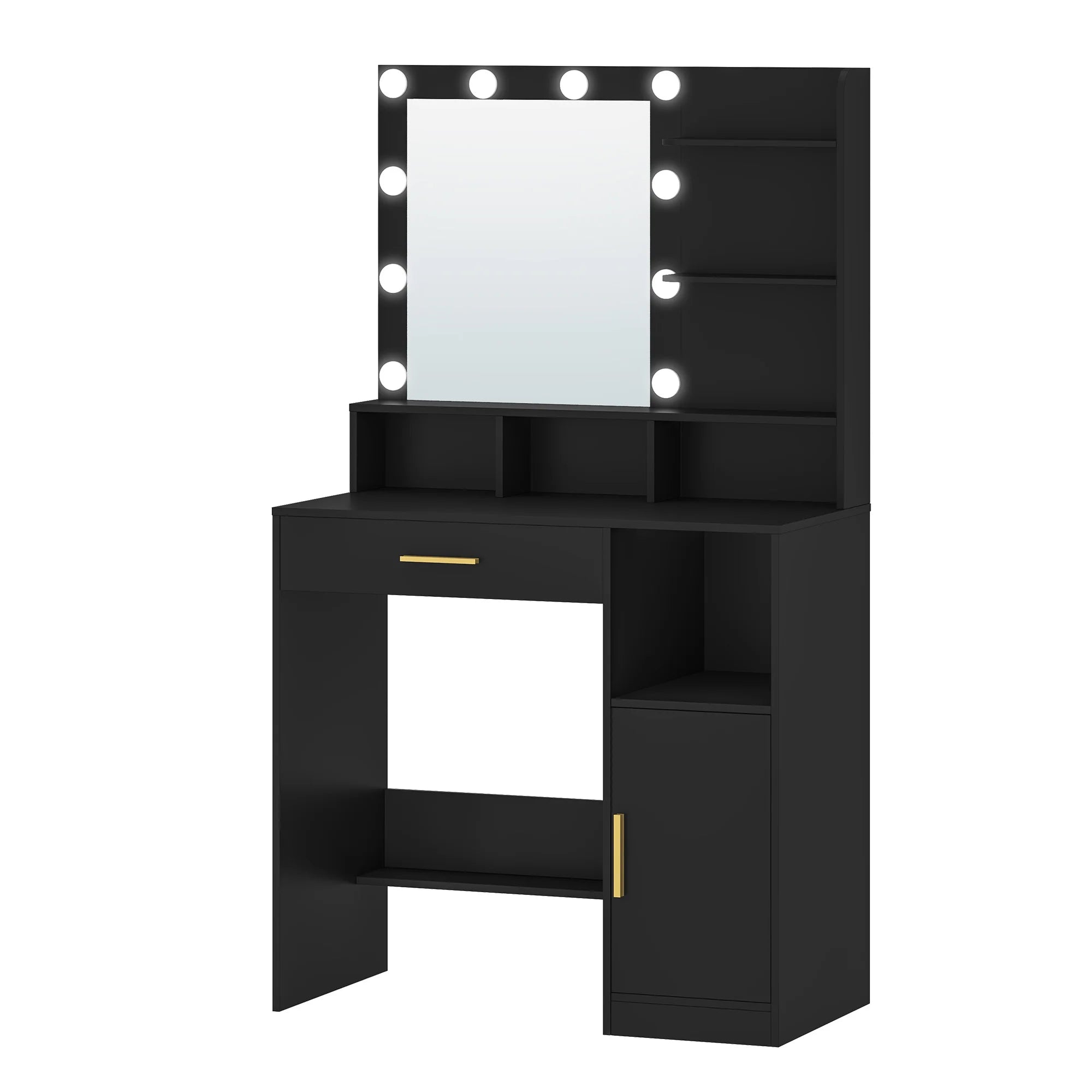 Make-up Tafel met Spiegel en LED Verlichting – Dressing Table met Lade, Planken en Opbergruimte – Modern Minimalistisch