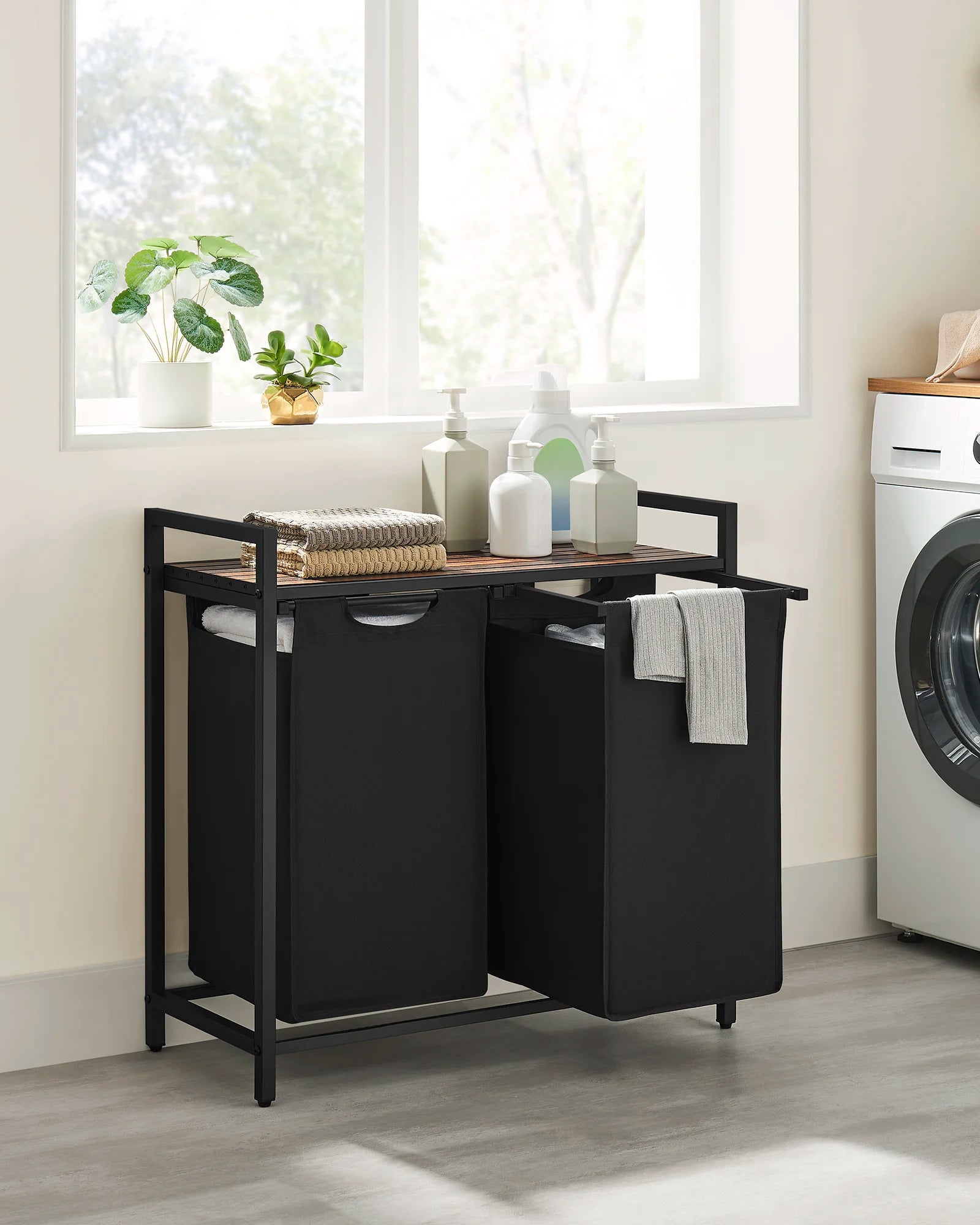 Grote Dubbele Wasmand met 2 Vakjes - 92 L - Stevig Frame & Afneembare Waszakken