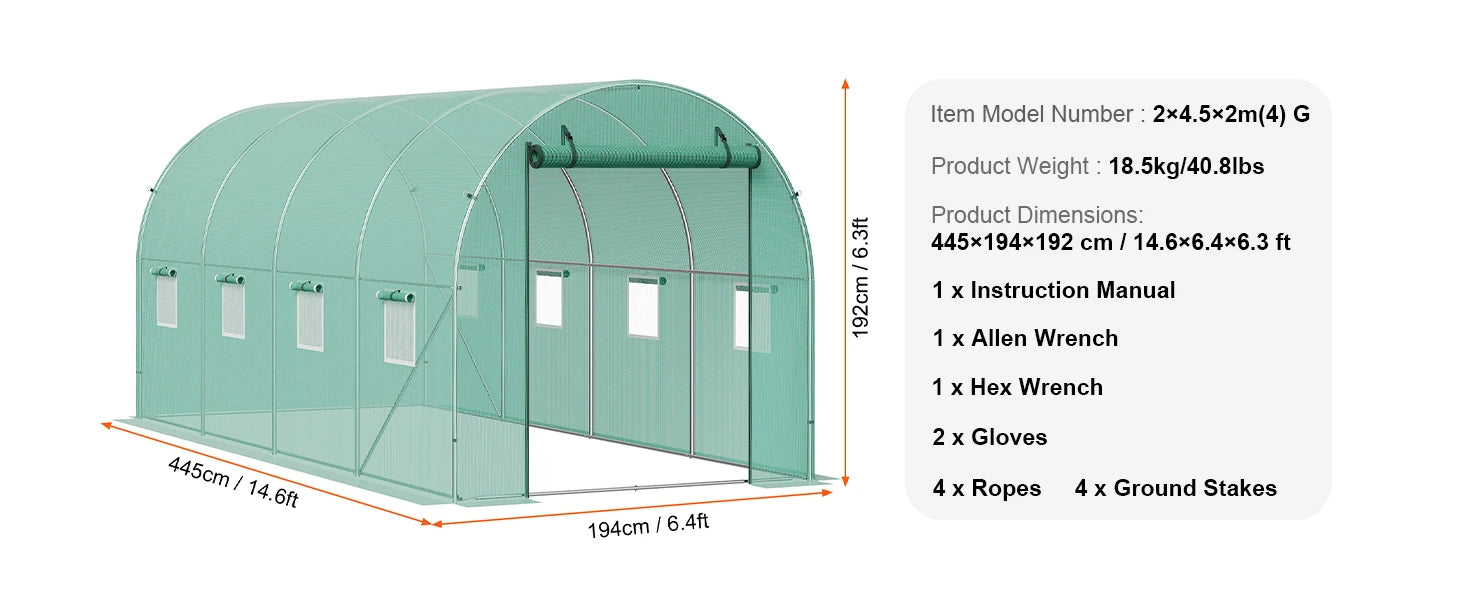 Wandelbare Tunnelkas met Stalen Frame 345×195×192 cm – Grote Inloop Tuinkas met PE Afdekking, Ritsdeur en Ventilatieramen