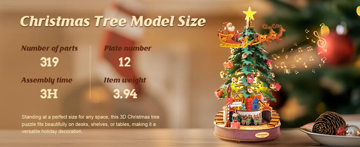 3D Houten Kerstboom Muziekdoos met Licht – DIY Kerstpuzzel met Kerstmelodieën – Decoratieve Kerst Muziekdoos voor Tafeldecoratie en Cadeau