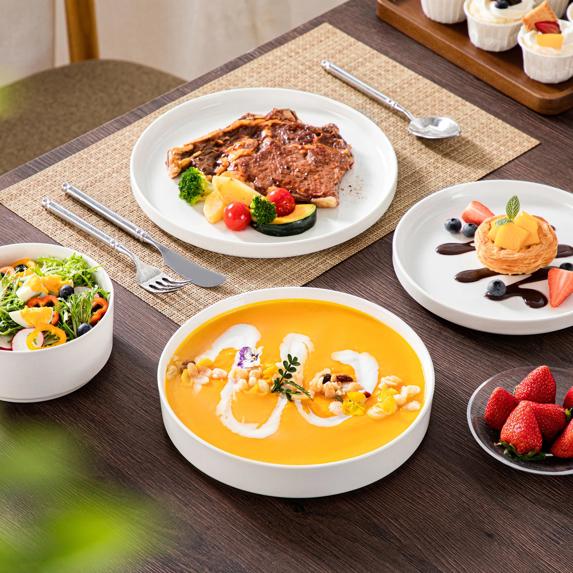 Serviesset wit met zwarte rand – 12/16/18/24 Delig Keramisch Servies - Serviesset met Borden & Kommen
