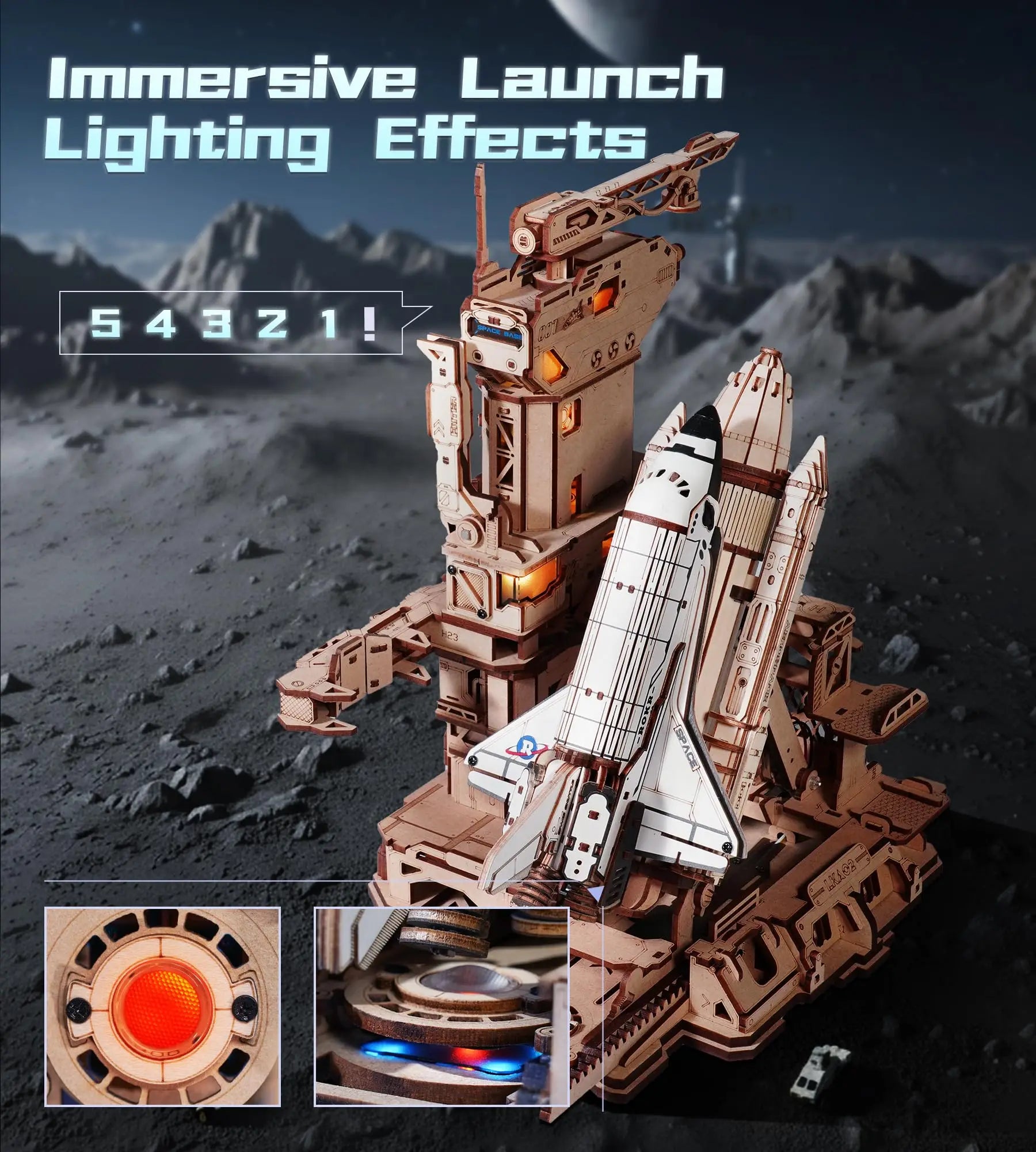 3D Houten Space Shuttle Puzzel met LED Licht – Mechanisch Bouwmodel voor Volwassenen en Tieners – Educatief STEM Cadeau