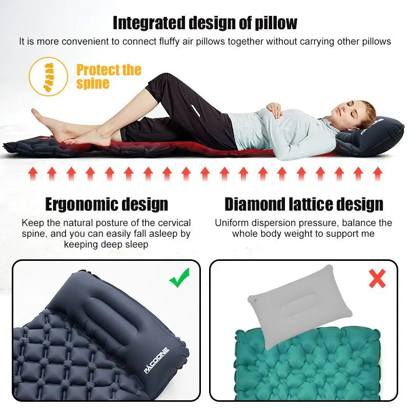 Opblaasbaar Ultralicht Slaapmatje met Ingebouwd Kussen en Pomp – Comfortabel Outdoor Slaapsysteem