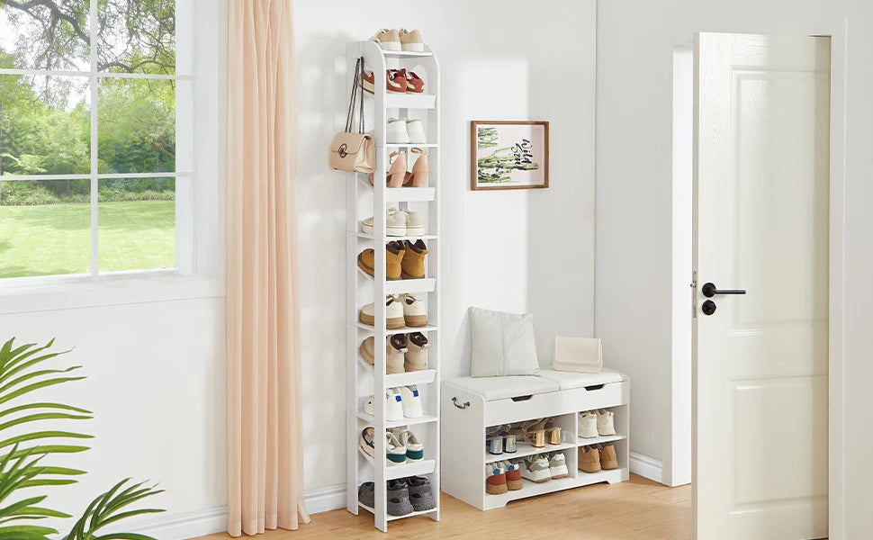 Smalle Schoenenkast 11 Lagen – Verticale Schoenenrek voor Kleine Ruimtes – Houten Schoenen Organizer met Haken