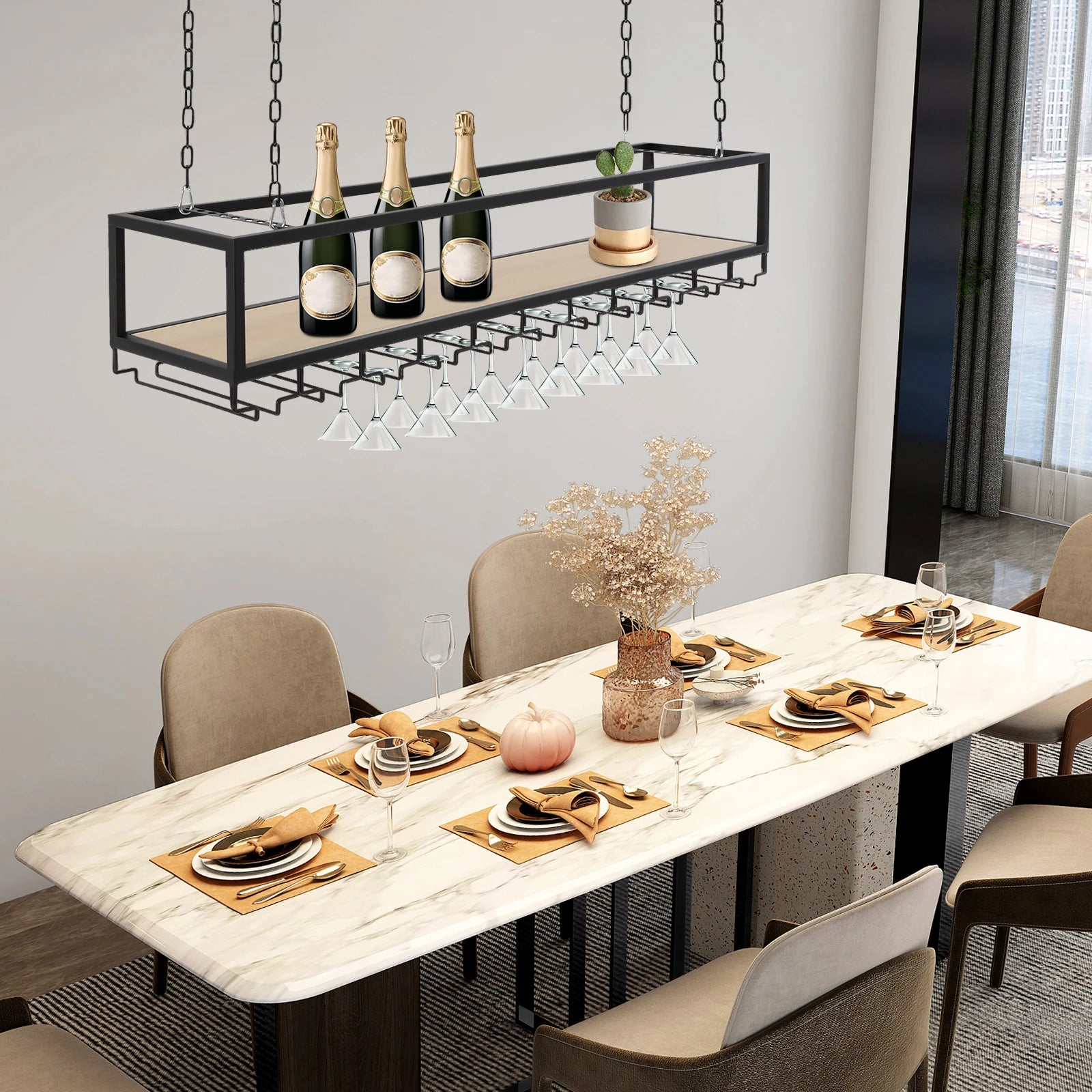 Vintage Plafond Wijnrek met Glazenhouder – Hangend Wijnrek Industrieel Zwart voor Keuken & Home Bar