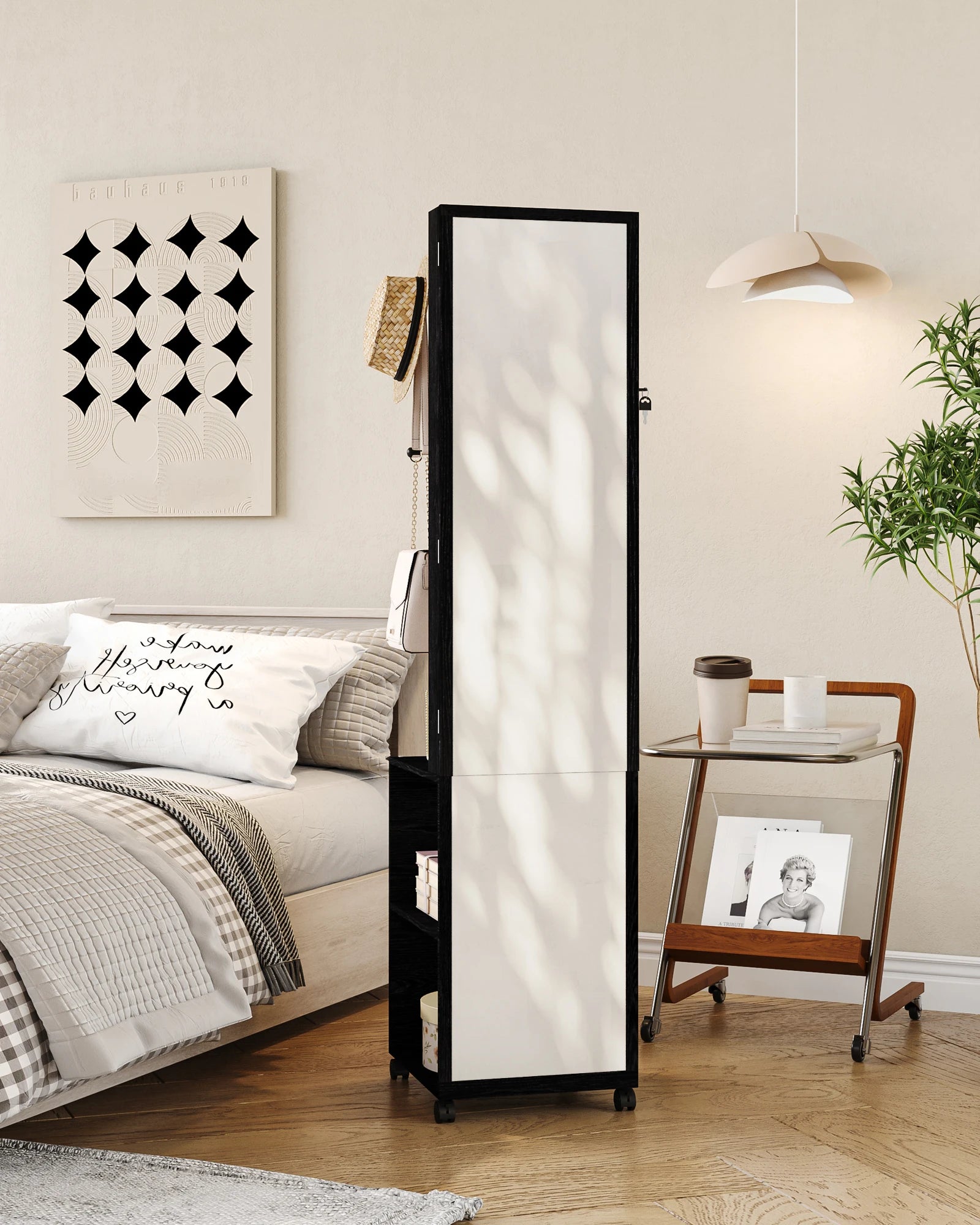 Sieradenkast met Spiegel en LED Verlichting – Staande Sieraden Organizer met Kledingrek, Opbergrek en Wielen