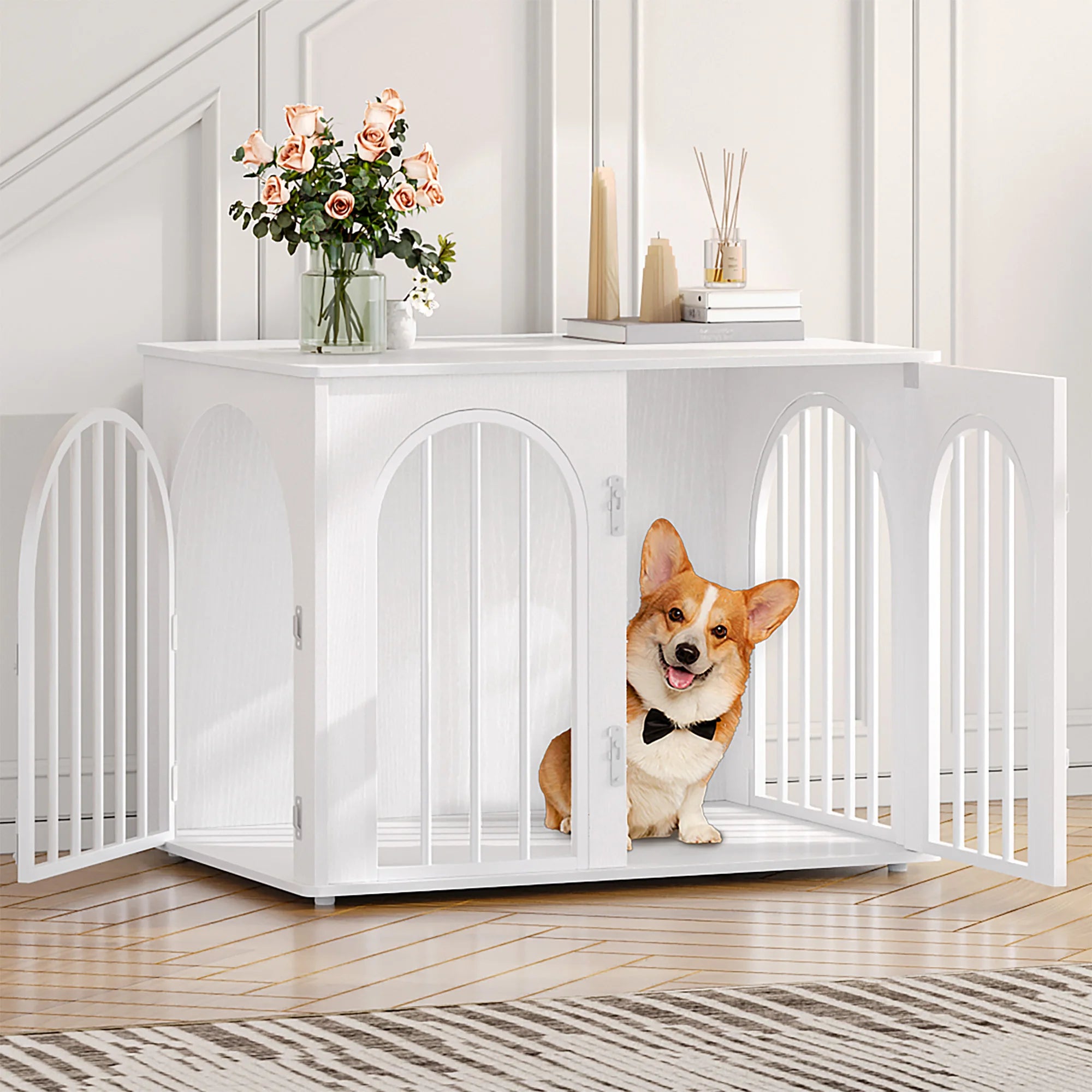 Houten Hondenbench Meubel 80 cm – Design Hondenkooi met 3 Deuren – Moderne Indoor Bench & Bijzettafel