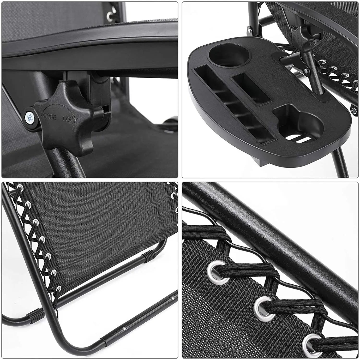 Inklapbare Zero Gravity Ligstoel met Bekerhouder en Dienblad – Verstelbare Campingstoel voor Tuin, Strand en Balkon (Tot 140 kg)