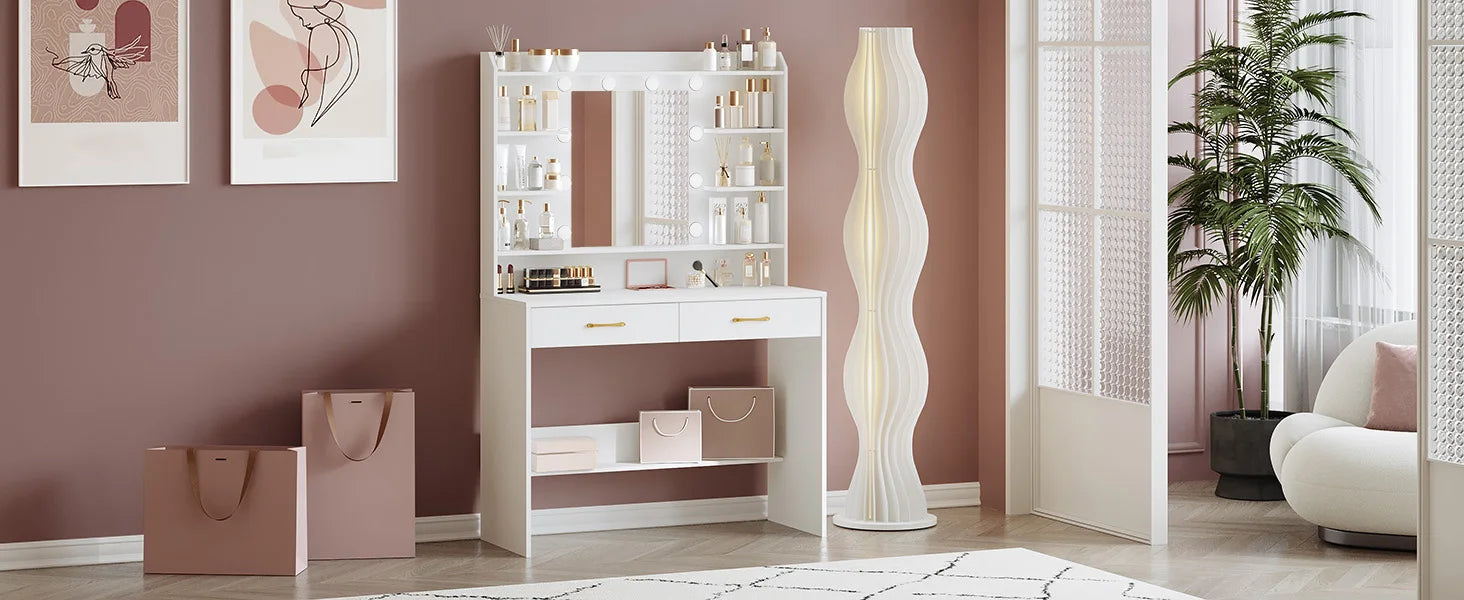 Moderne Witte Kaptafel met Spiegel, Planken en 2 Lades – Kaptafel voor Slaapkamer met Instelbare Verlichting