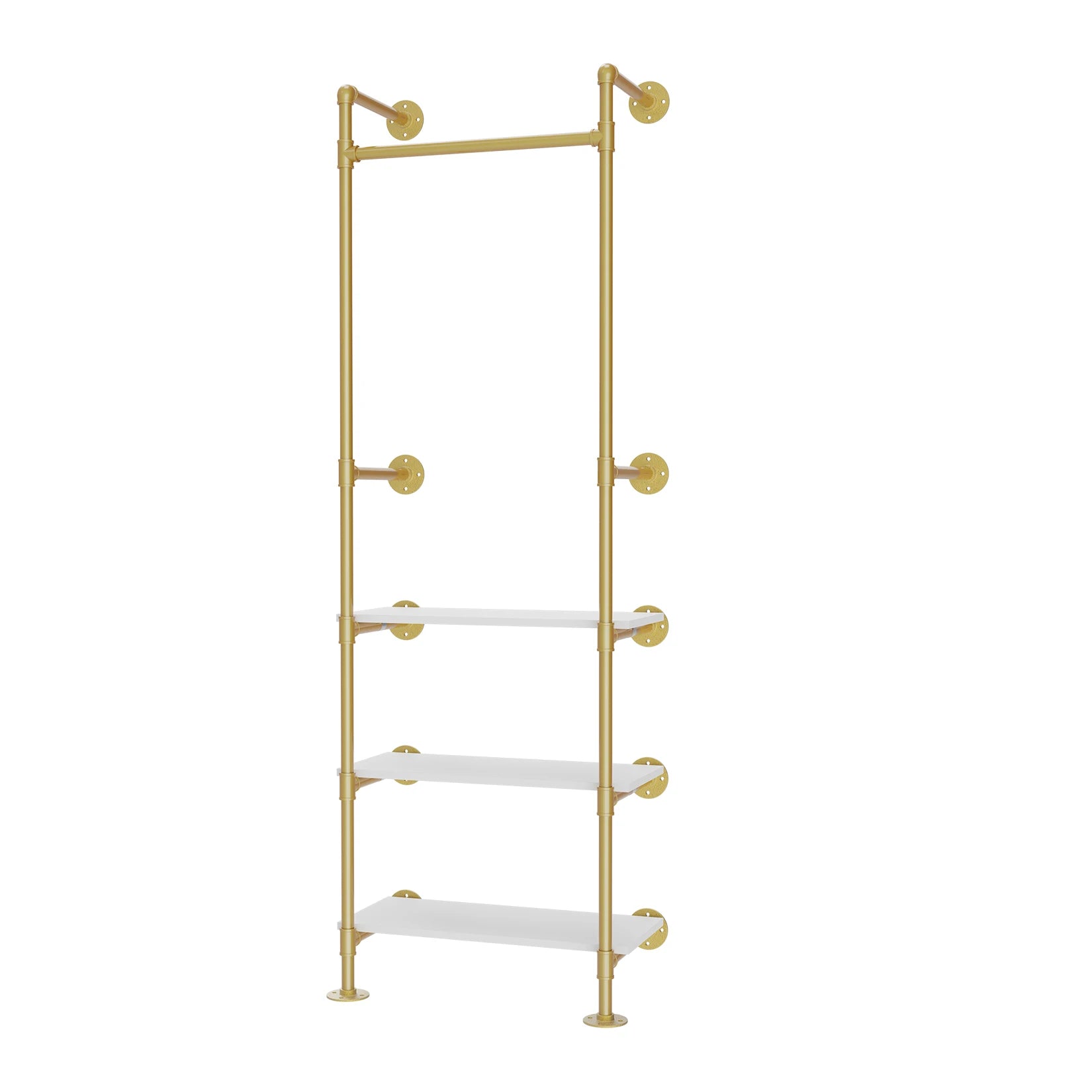 Industriële Wandkledingrek – Goud Metaal Buisrek met 3 Planken, Vintage Wandopbergkapstok
