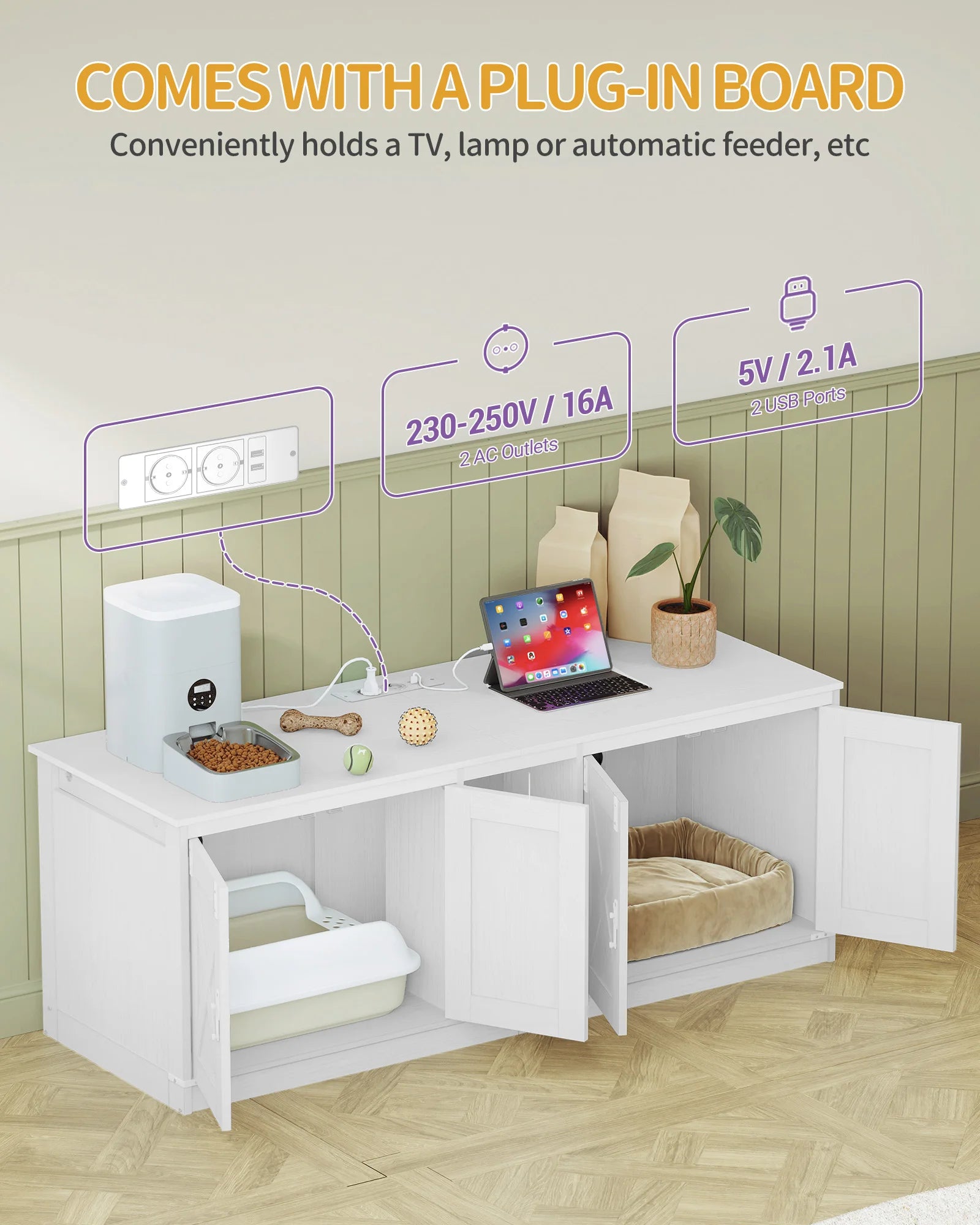 Kattenbak Meubel met Stopcontact en USB – Verborgen Kattenbak Kast voor 2 Katten – Kattenhuis Binnen met Deuren & Accessoires